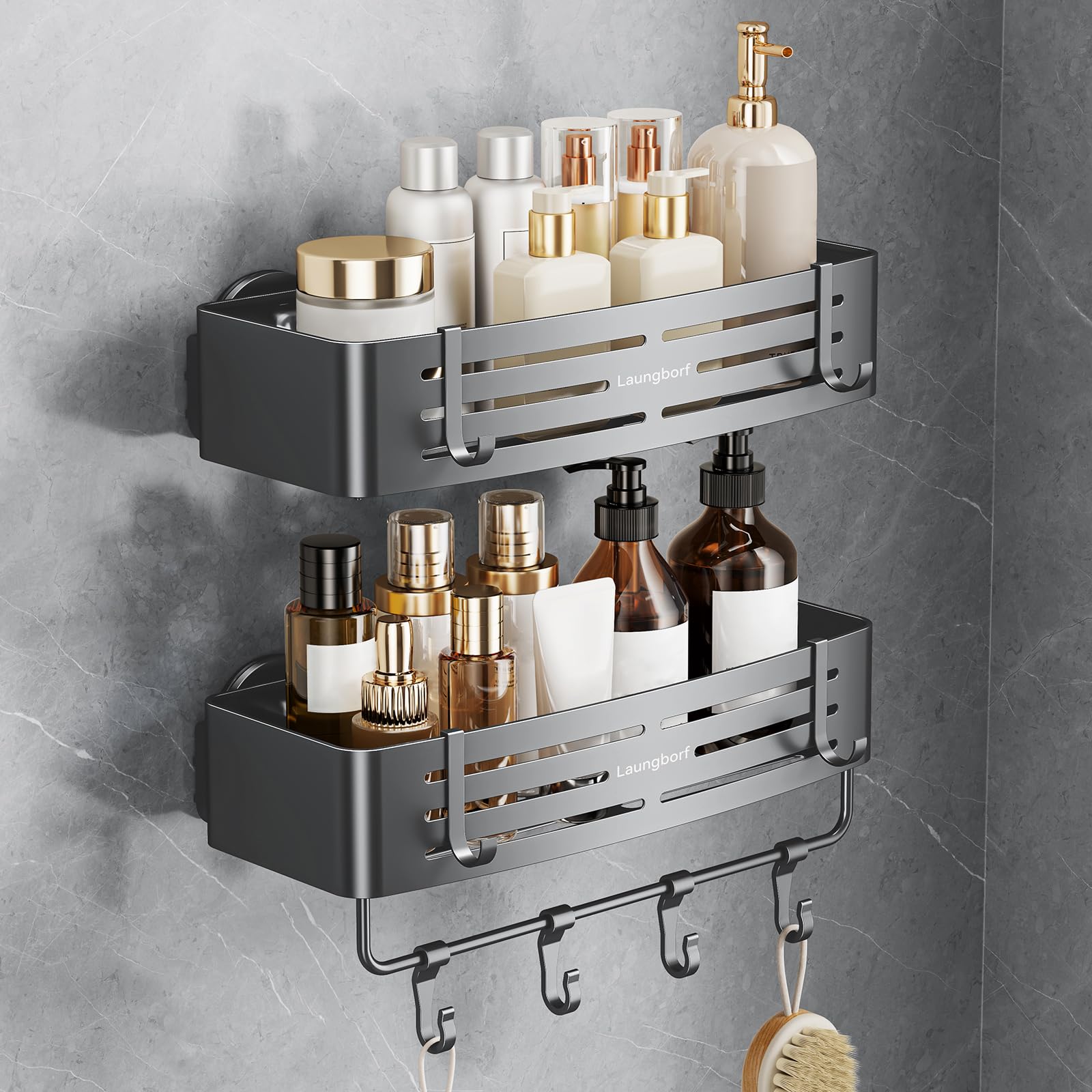 Corner Shower Caddy Suction Cup – Rustproof Aluminum Triangle Shelf with Hooks & Towel Bar, Laungborf No-Drill Wall Storage for Bathroom Kitchen Laundry (Matte Gray, 2 Pack)