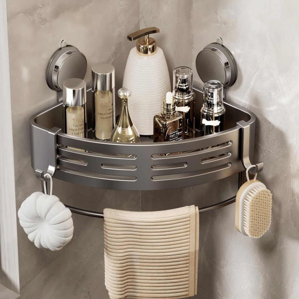 VOLPONE Corner Shower Shelf Suction Cup Shower Caddy Corner No Drilling Bathroom Shower Organizer Storage Rack Adhesive with Towel Bar (3-Pack, Gray)