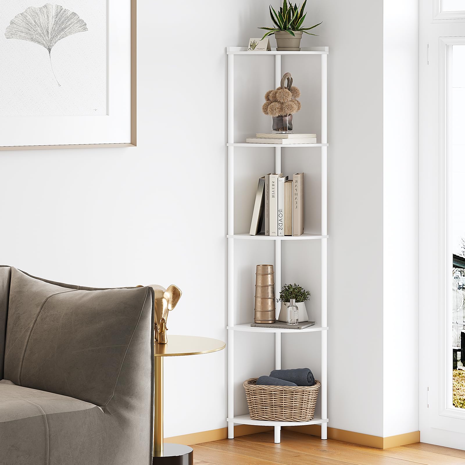 SUNMORY 5 Tier Corner Shelf Stand,Industrial 65" Corner Shelves Display Shelf for Living Room Decor,Wall Corner Bookshelf Multi Unit Organizer,Tall Shelf Plant Stand for Bedroom,Bathroom,Small Space
