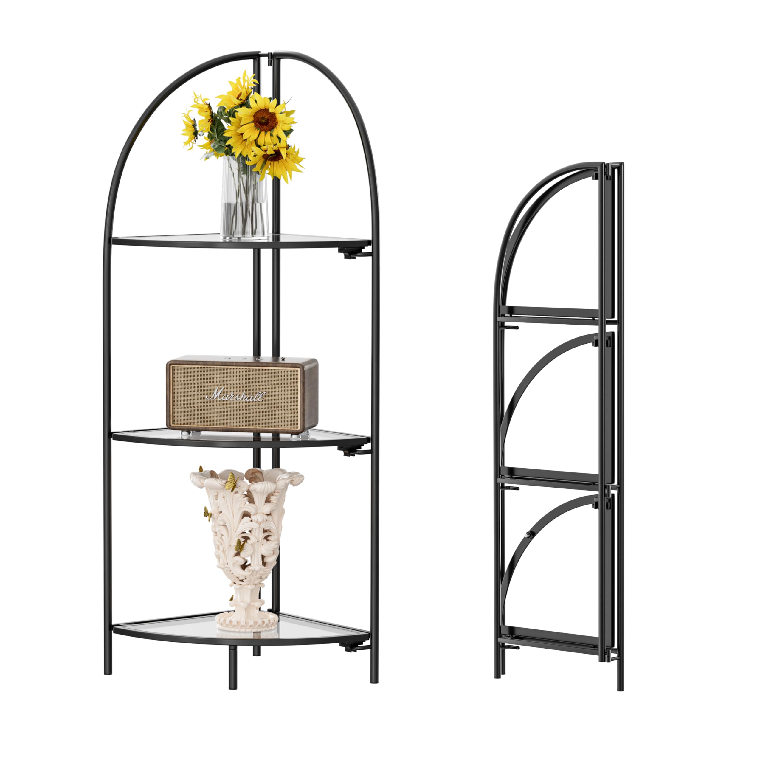 Crofy Foldable 3 Tier Corner Shelf, Metal Corner Plant Stand with White Frame and Transparent Shelves, Corner Display Rack Multipurpose Shelving Unit for Living Room, Bedroom, Bathroom