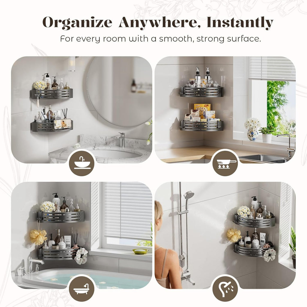 Corner Shower Caddy Suction Cup,Shower Shelves with Hooks,No Drilling Powerful Suction Bathroom Organizers and Storage,Removable Waterproof Rustproof Shower Bathroom Accessories Decor(Grey 3Pack)