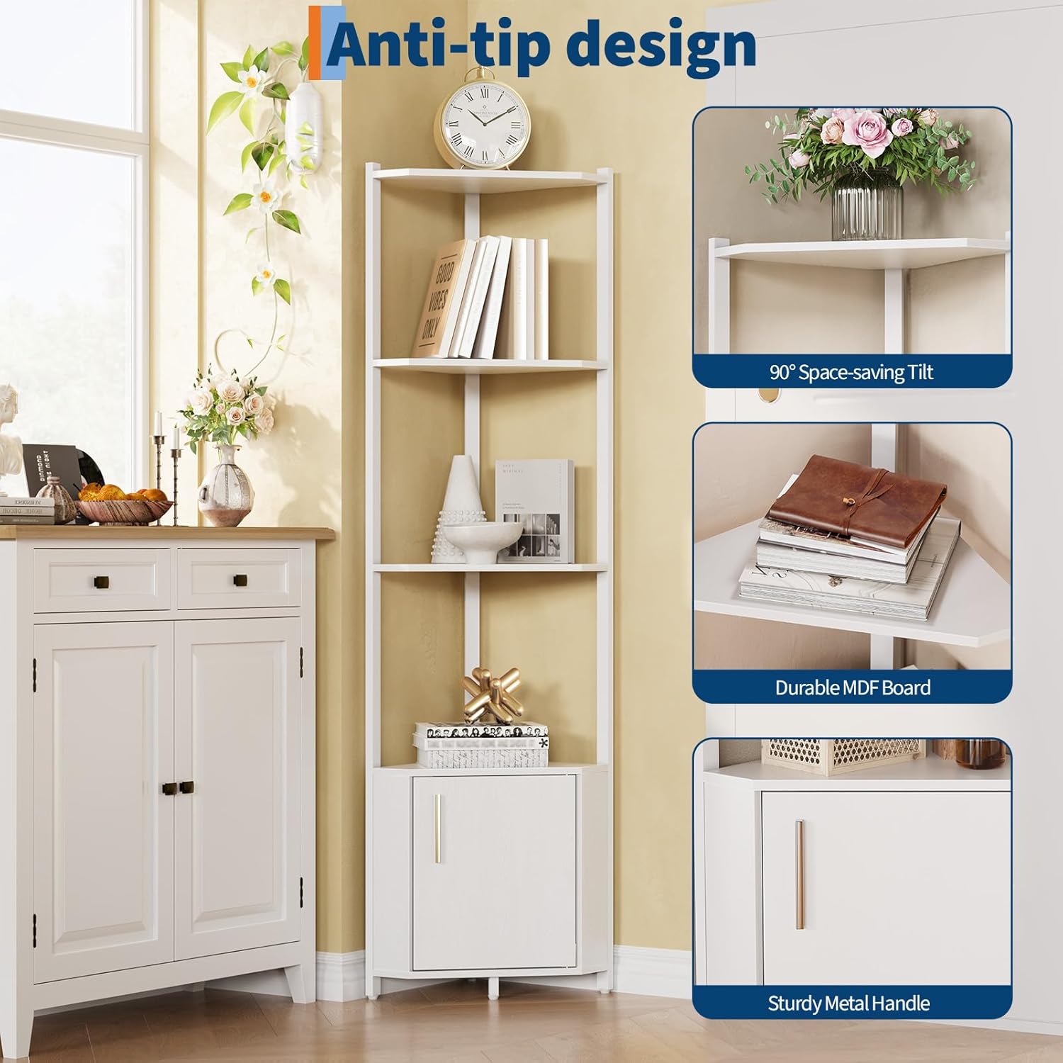 5-Tier Corner Shelf Stand, 58”Tall Metal Frame Narrow Bookshelf with Storage Rack, Easy Assembly Display Shelf for Wall Corner, Bedroom, Living Room, White