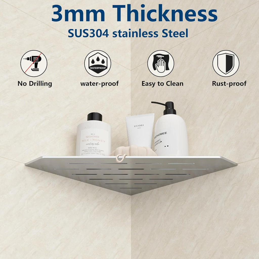 Brushed Corner Shower Shelf, Floating Corner Shelves for Tile Wall, Tile Shower Shelf, 304 Stainless Steel Wall Storage Shelves for Bathroom, No Drilling, 10 Inch, 1 Pack