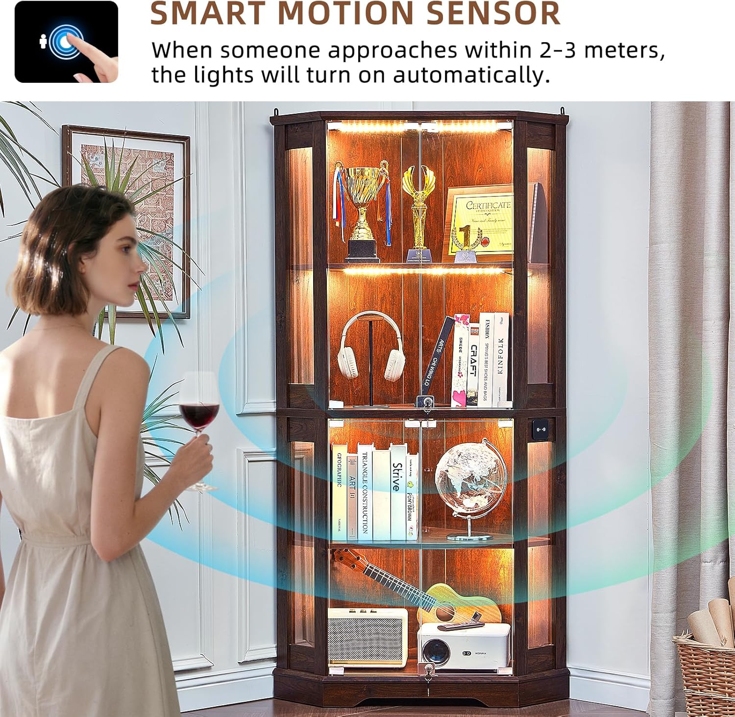 LELELINKY Farmhouse Corner Display Cabinet with Glass Doors, Corner Curio Cabinet with 3-Color LED Motion-Sensor Light, Walnut