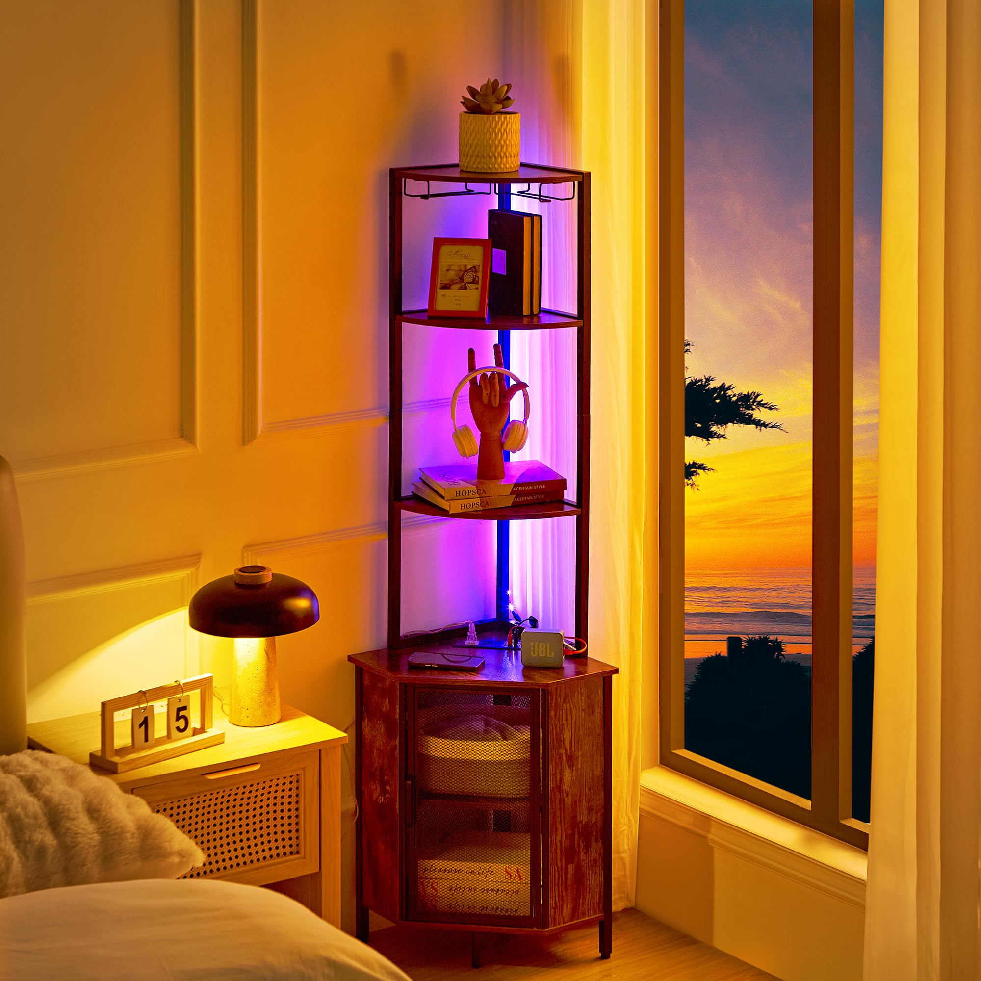 VECELO Corner Cabinet, Tall Storage Shelf, Bookshelf Display Shelves Rack for Living Room, Kitchen, Balcony, Small Space