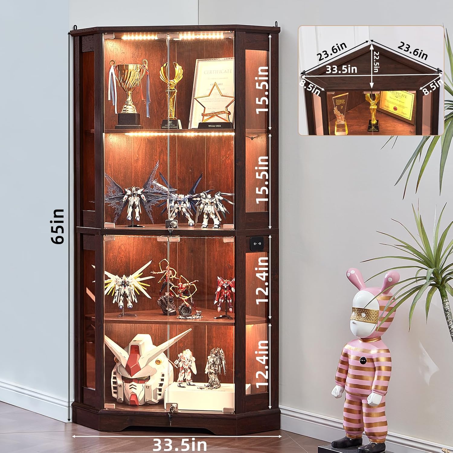 LELELINKY Farmhouse Corner Display Cabinet with Glass Doors, Corner Curio Cabinet with 3-Color LED Motion-Sensor Light, Walnut