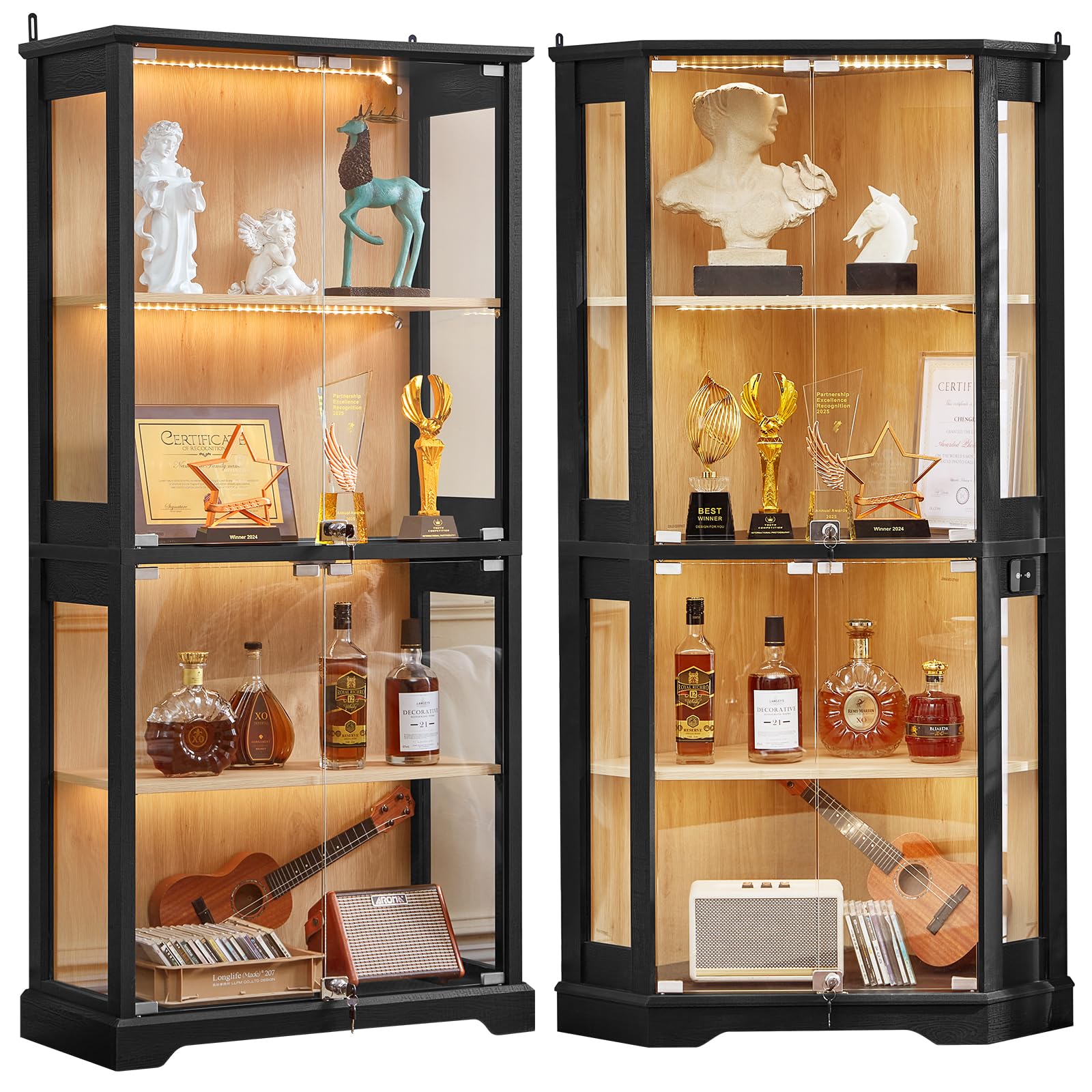 LELELINKY Farmhouse Corner Display Cabinet with Glass Doors, Corner Curio Cabinet with 3-Color LED Motion-Sensor Light, Walnut
