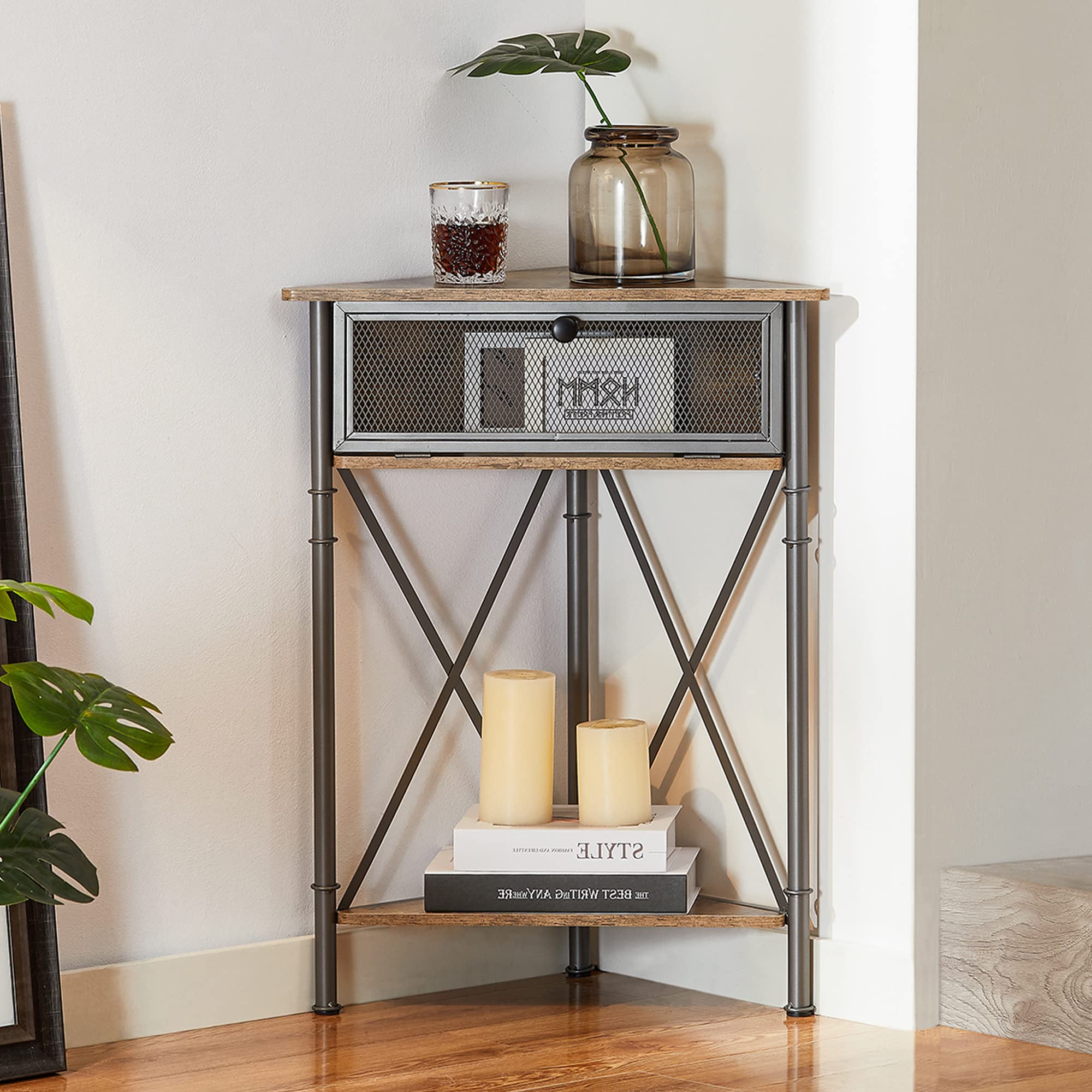 VECELO 3-Tier Corner Table,Cabinet with Mesh Door,Corner Shelf Stand,Metal Frame Storage Shelf Organizer Display Shelves for Wall Corner,Living Room,Bedroom Kitchen,Bathroom