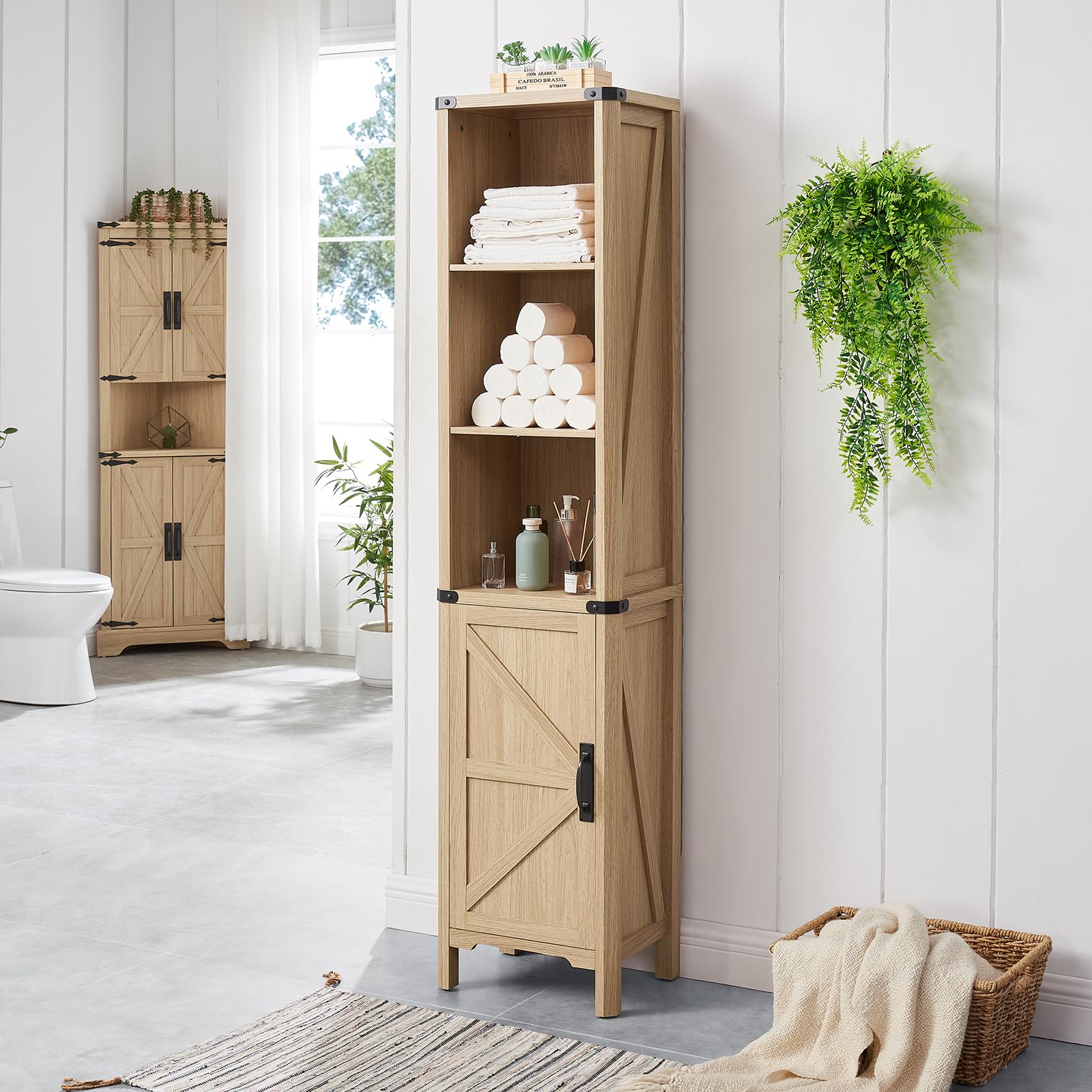 Minifeel Tall Farmhouse Corner Cabinet with 4 Doors and Adjustable Shelves, Farmhouse Storage Cabinet with Barn Door Design, Home Space Saver for Living Room, Kitchen, Laundry Room (Antique White)