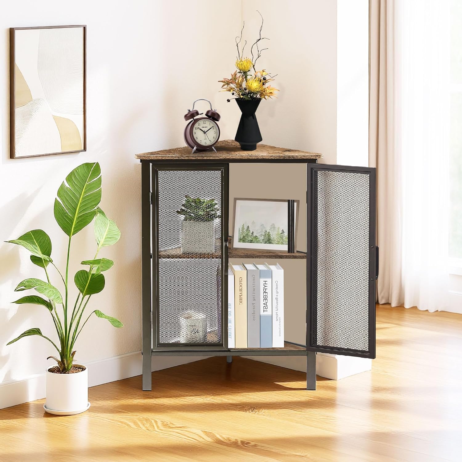 VECELO 3-Tier Corner Table,Cabinet with Mesh Door,Corner Shelf Stand,Metal Frame Storage Shelf Organizer Display Shelves for Wall Corner,Living Room,Bedroom Kitchen,Bathroom