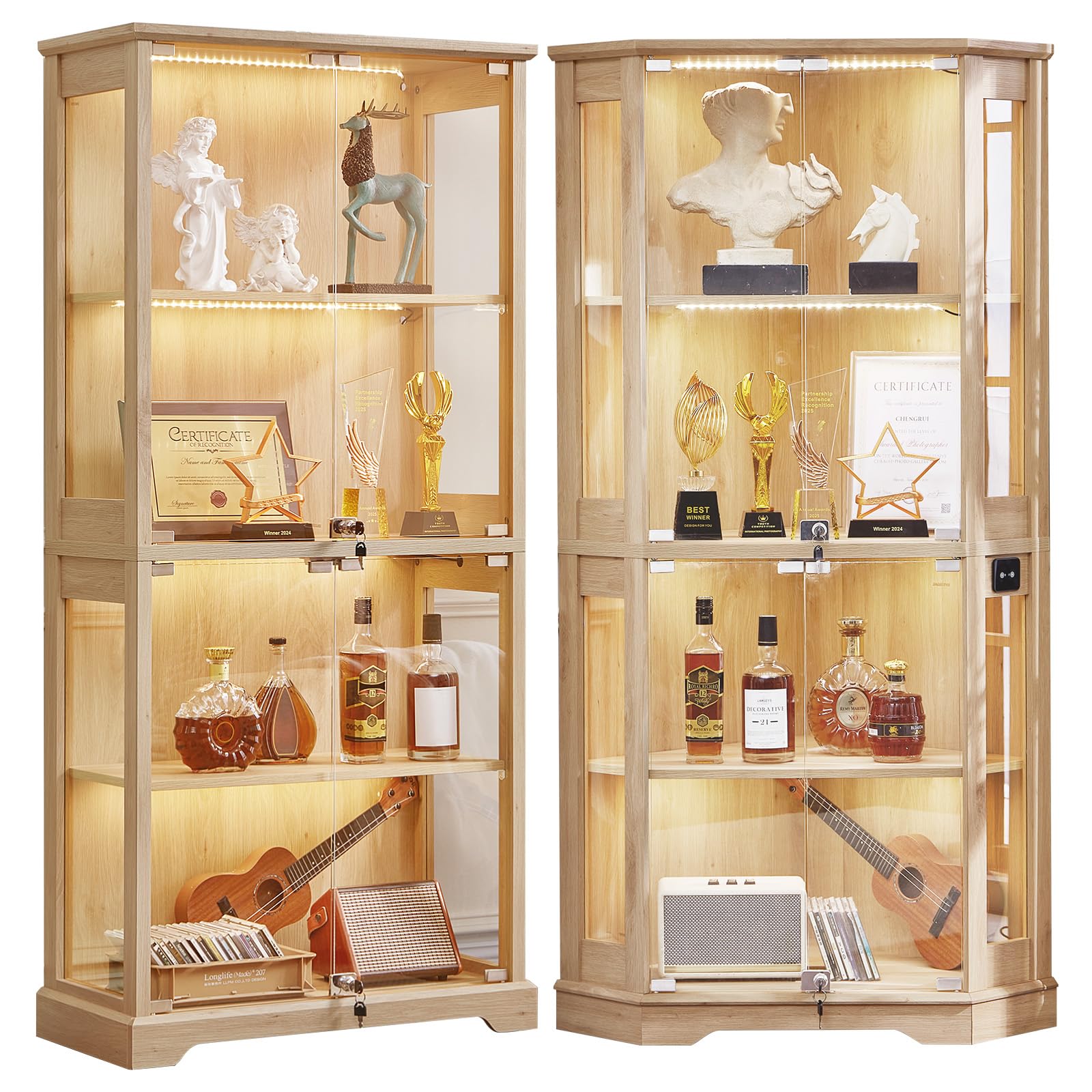 LELELINKY Farmhouse Corner Display Cabinet with Glass Doors, Corner Curio Cabinet with 3-Color LED Motion-Sensor Light, Walnut