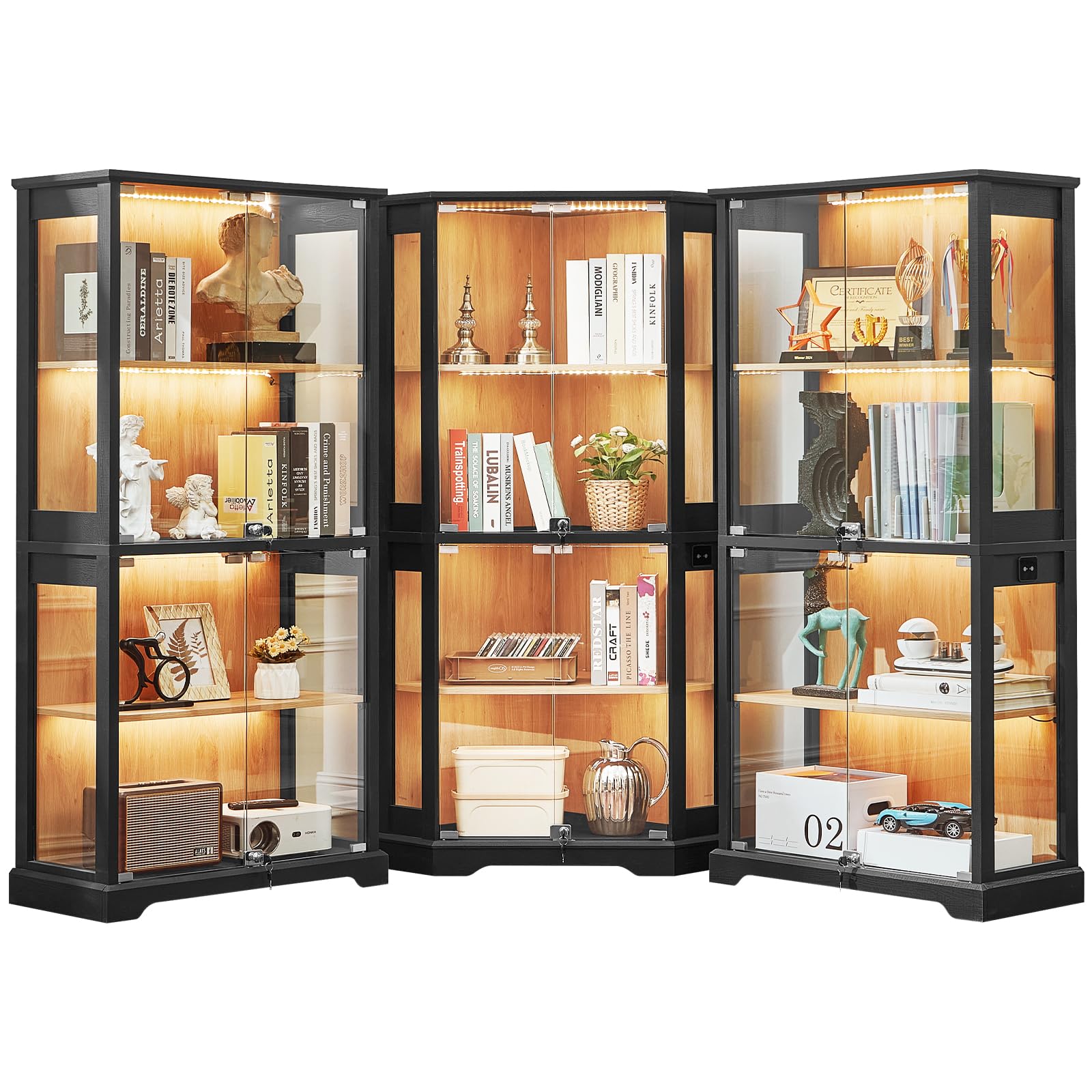LELELINKY Farmhouse Corner Display Cabinet with Glass Doors, Corner Curio Cabinet with 3-Color LED Motion-Sensor Light, Walnut