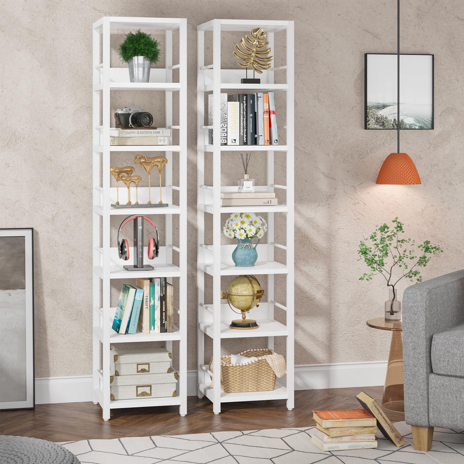 Tribesigns 6-Tier Corner Shelf, 75 Inch Tall Narrow Bookshelf Storage Rack, Etagere Shelves Display Stand for Small Spaces, Rustic Open Bookcase Square Shelf Tower for Living Room Bathroom