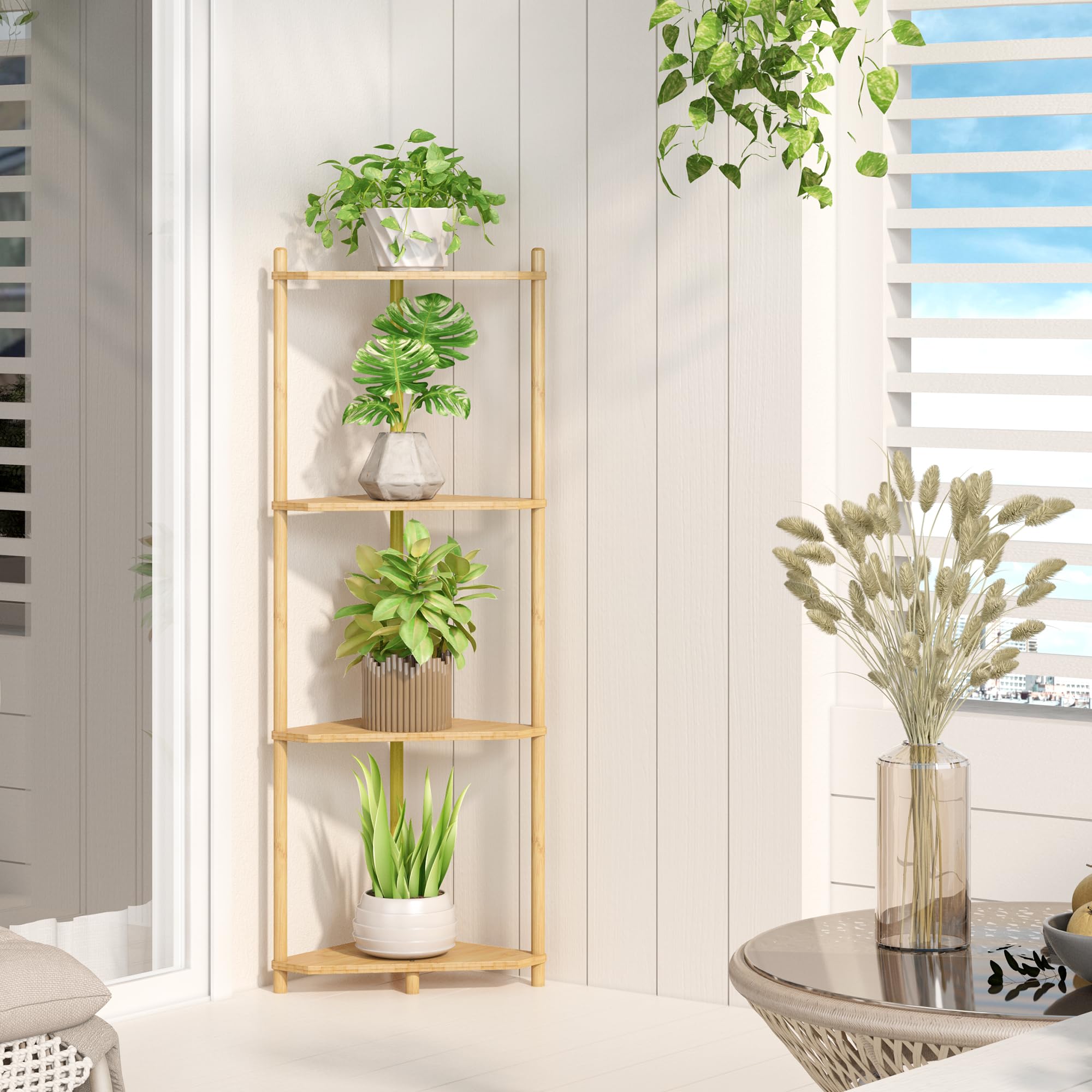 Wisuce Corner Shelf Stand - 5 Tier Natural Bamboo Small Corner Bookshelf for Office Kitchen Bedroom Plant Stand Living Room Decor Small Space