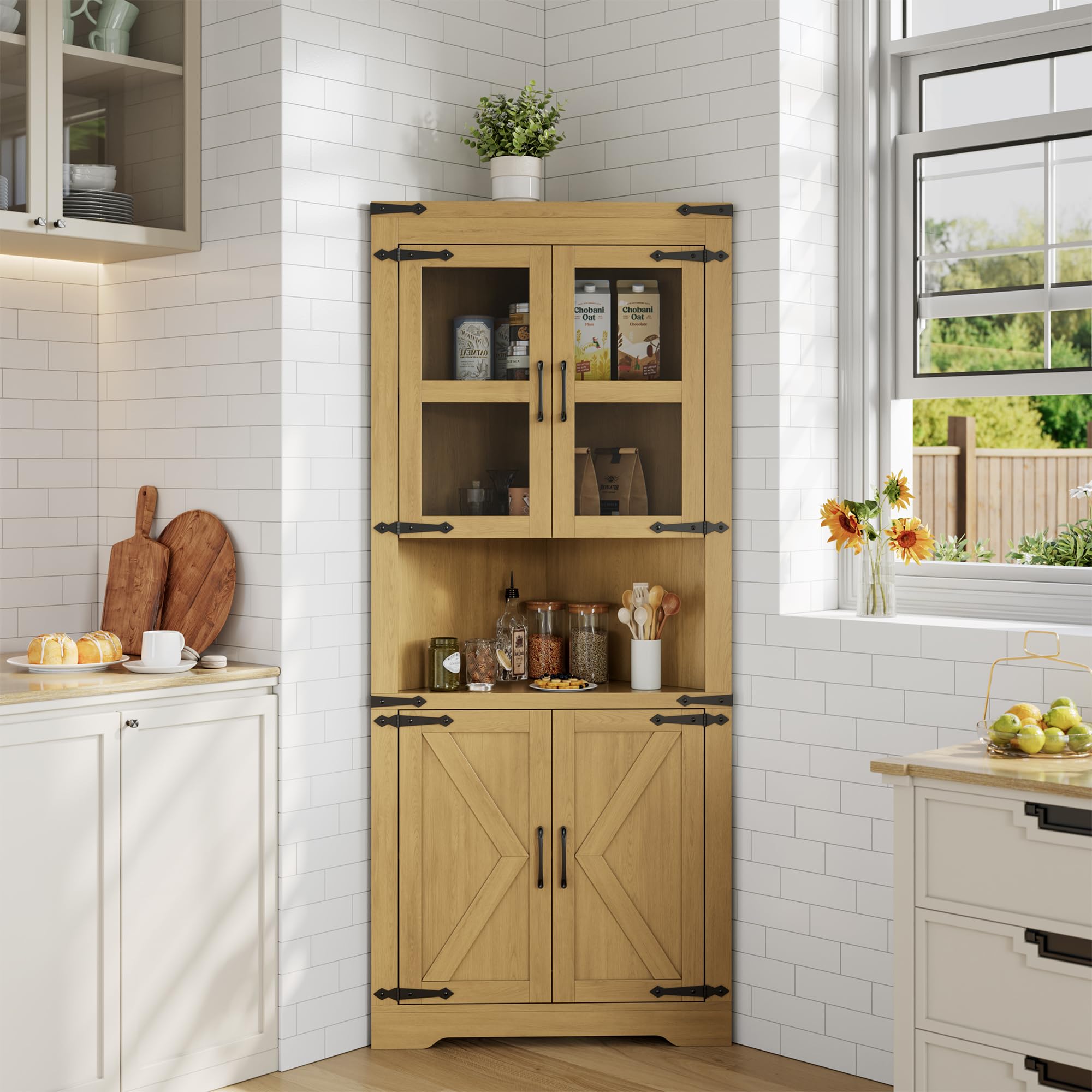 GarveeHome Tall Corner Cabinet, Farmhouse Corner Storage Cabinet with Glass Door & Adjustable Shelves, Space Saving Storage for Living Room, Kitchen, Bathroom, Washed Grey