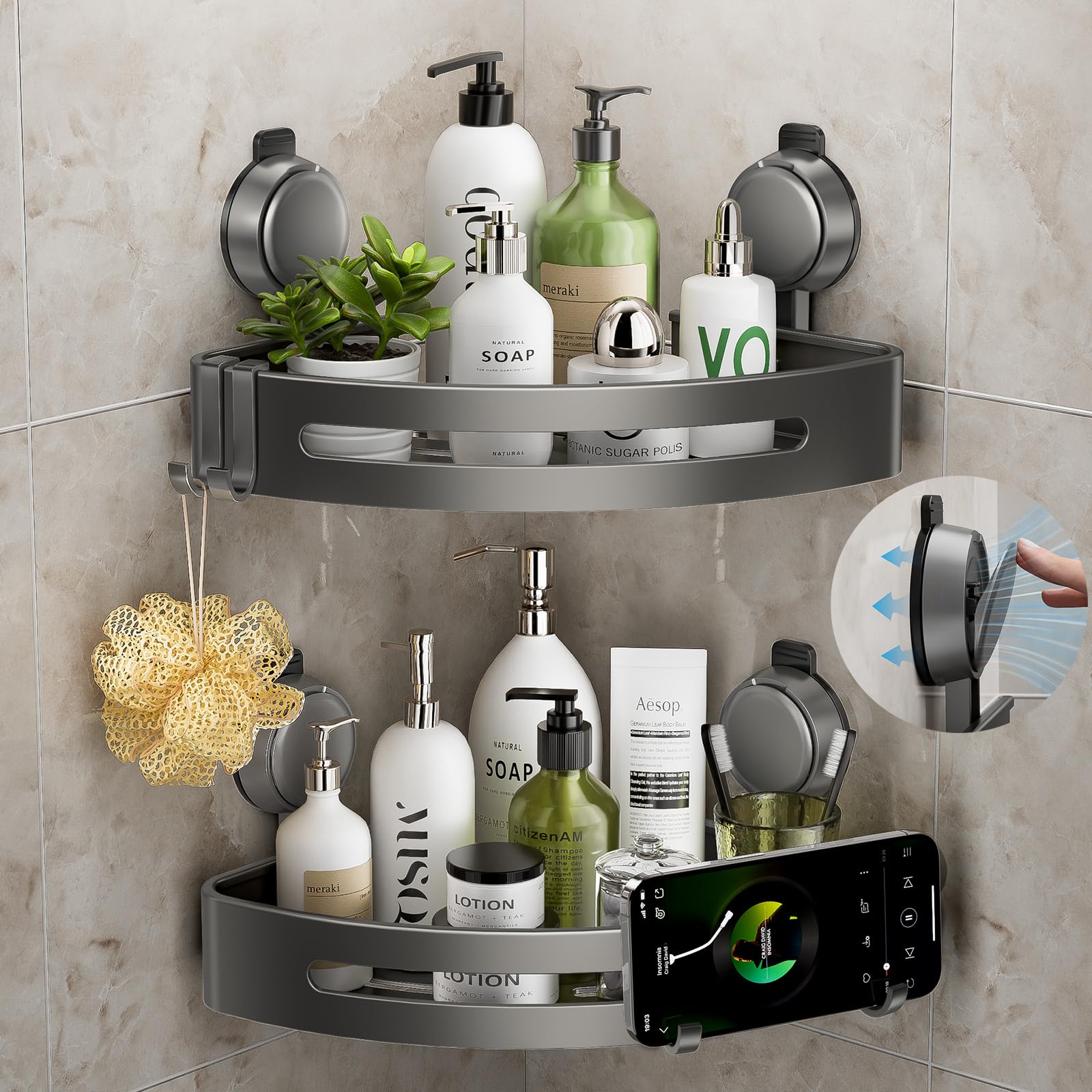 Shower Caddy Corner,Suction Cup Shower Caddy with Hooks,No Drilling Rustproof Aluminum Bathroom Organizers and Storage,Shelves for Bathroom Accessories Decor (3)
