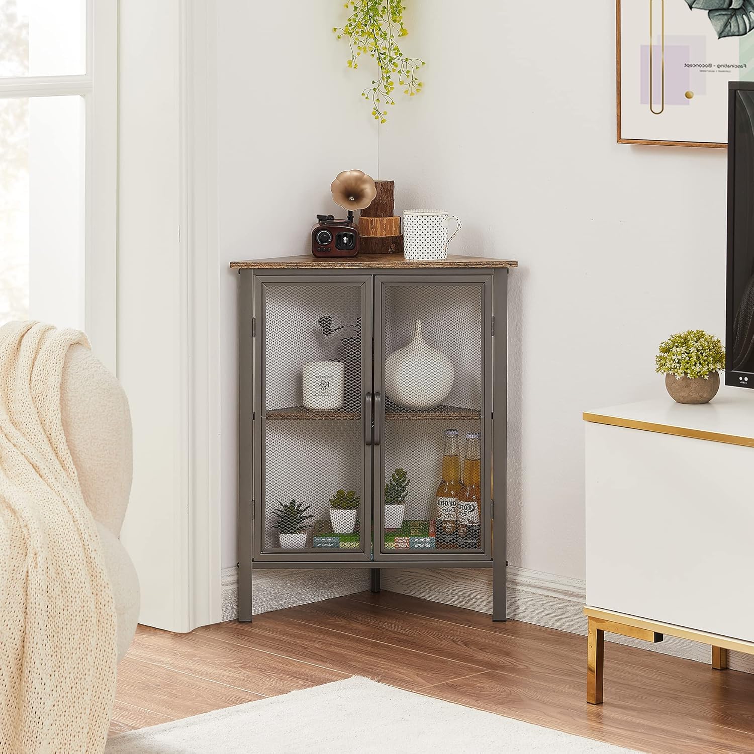 VECELO 3-Tier Corner Table,Cabinet with Mesh Door,Corner Shelf Stand,Metal Frame Storage Shelf Organizer Display Shelves for Wall Corner,Living Room,Bedroom Kitchen,Bathroom