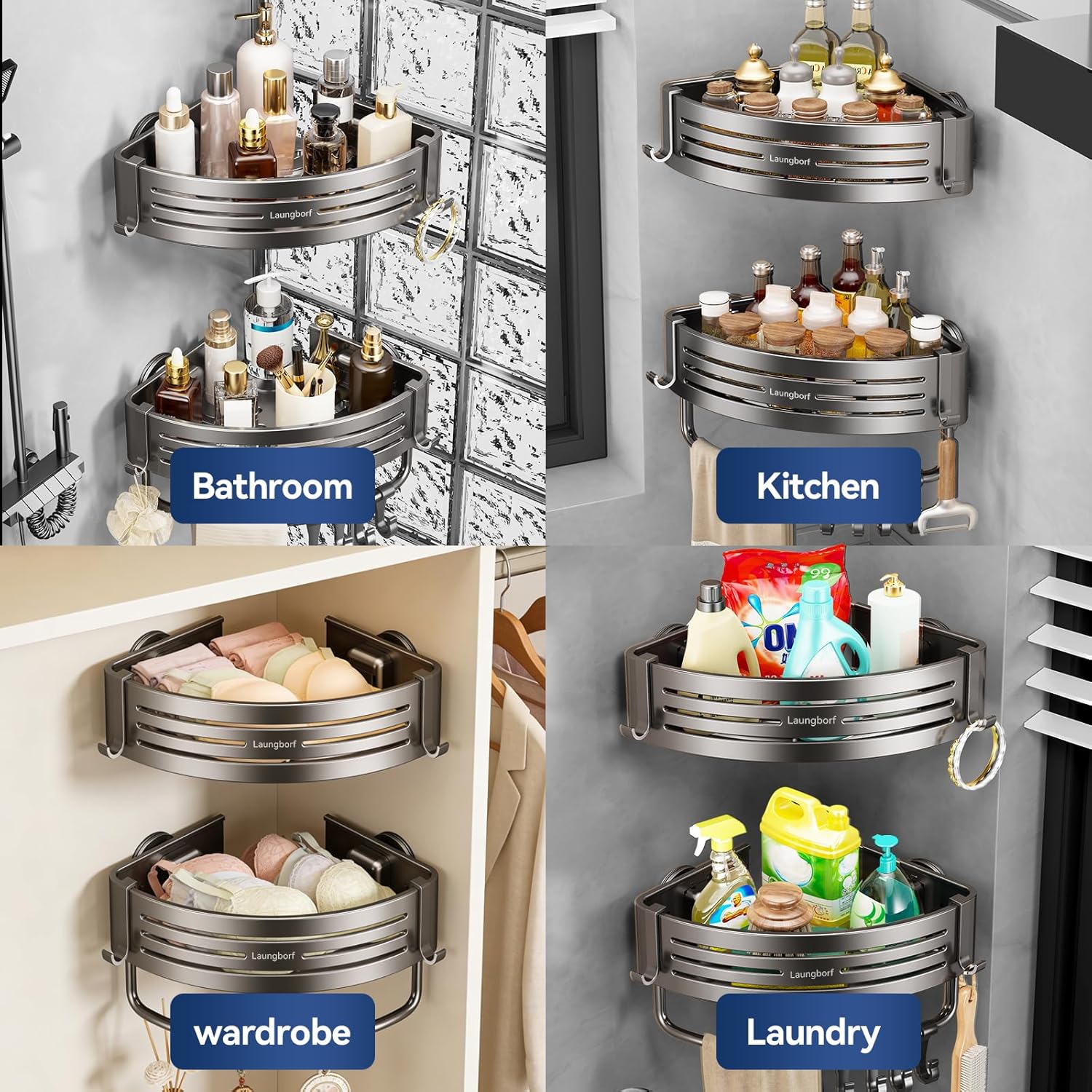 Corner Shower Caddy Suction Cup – Rustproof Aluminum Triangle Shelf with Hooks & Towel Bar, Laungborf No-Drill Wall Storage for Bathroom Kitchen Laundry (Matte Gray, 2 Pack)