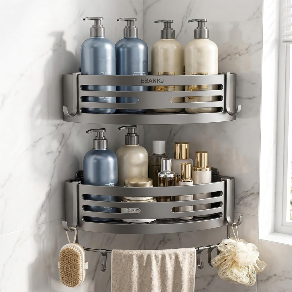 No-Drill Matte Gray Aluminum Adhesive Wall Mount Corner Shower Caddy, 2-Pack