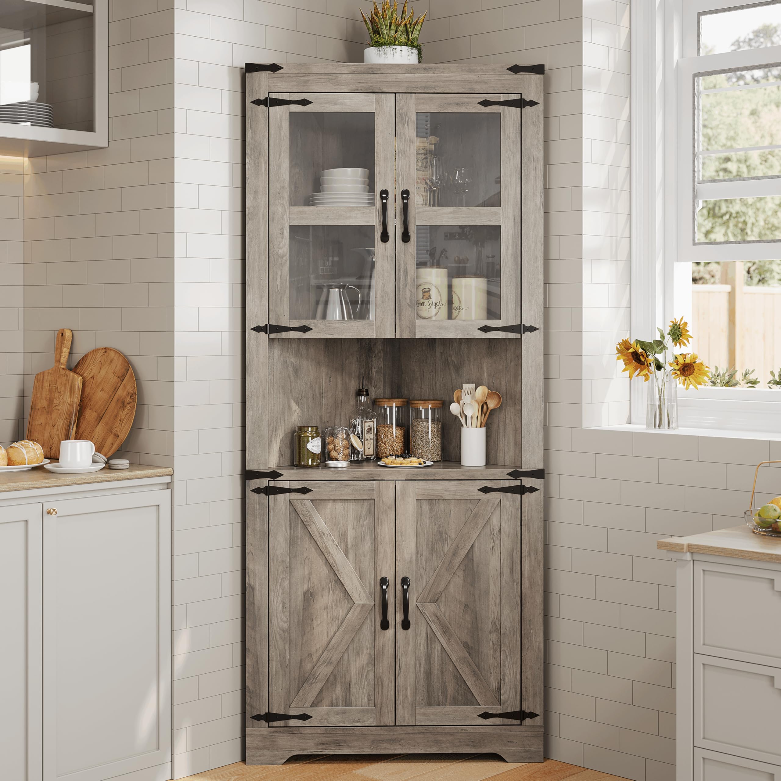 GarveeHome Tall Corner Cabinet, Farmhouse Corner Storage Cabinet with Glass Door & Adjustable Shelves, Space Saving Storage for Living Room, Kitchen, Bathroom, Washed Grey