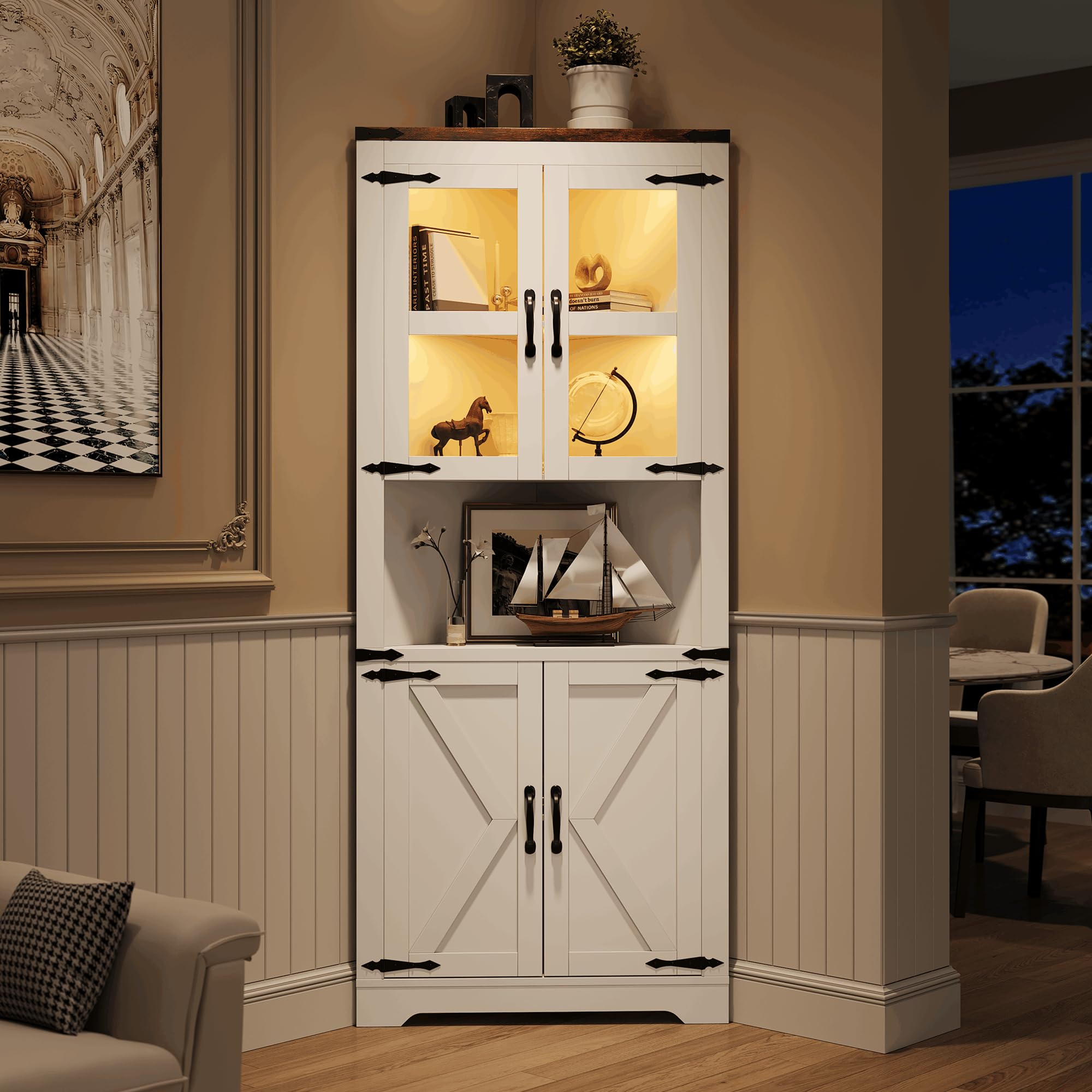 GarveeHome Tall Corner Cabinet, Farmhouse Corner Storage Cabinet with Glass Door & Adjustable Shelves, Space Saving Storage for Living Room, Kitchen, Bathroom, Washed Grey