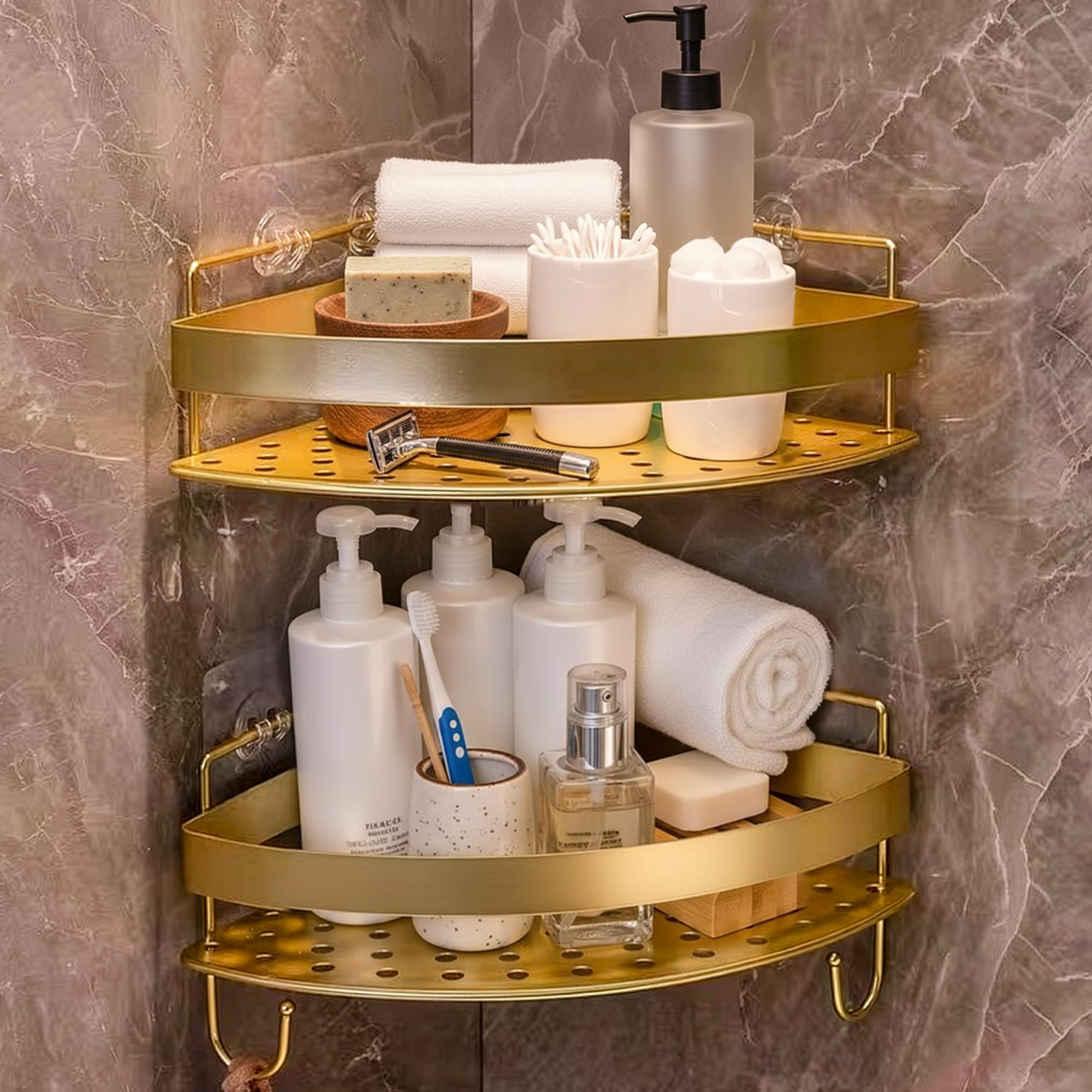 Corner Shower Shelves with 4 Hooks, 2-Tier Stainless Steel Bathroom Shower Organizers, Wall Mounted Caddy Shelves No Drilling with Adhesive, Triangle Storage Shelf for Toilet, Dorm and Kitchen, Gold