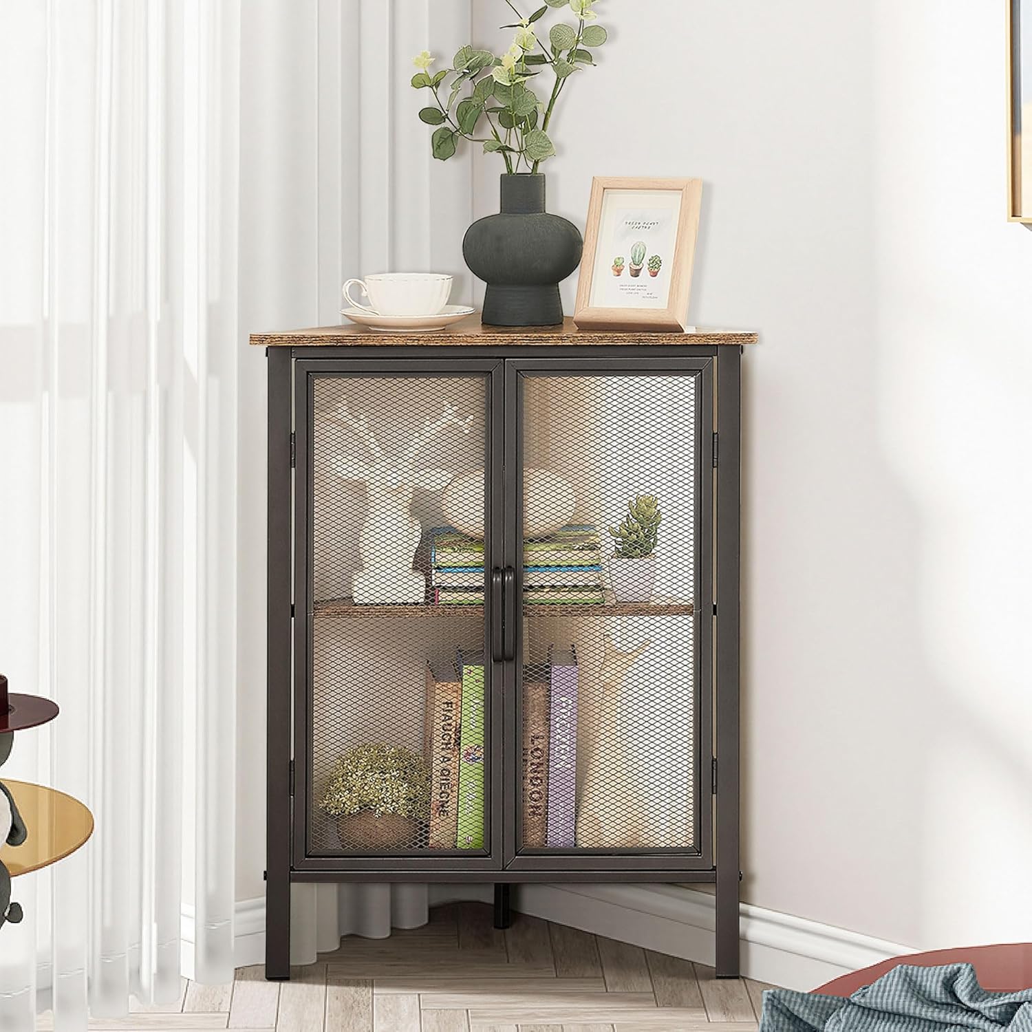 VECELO 3-Tier Corner Table,Cabinet with Mesh Door,Corner Shelf Stand,Metal Frame Storage Shelf Organizer Display Shelves for Wall Corner,Living Room,Bedroom Kitchen,Bathroom