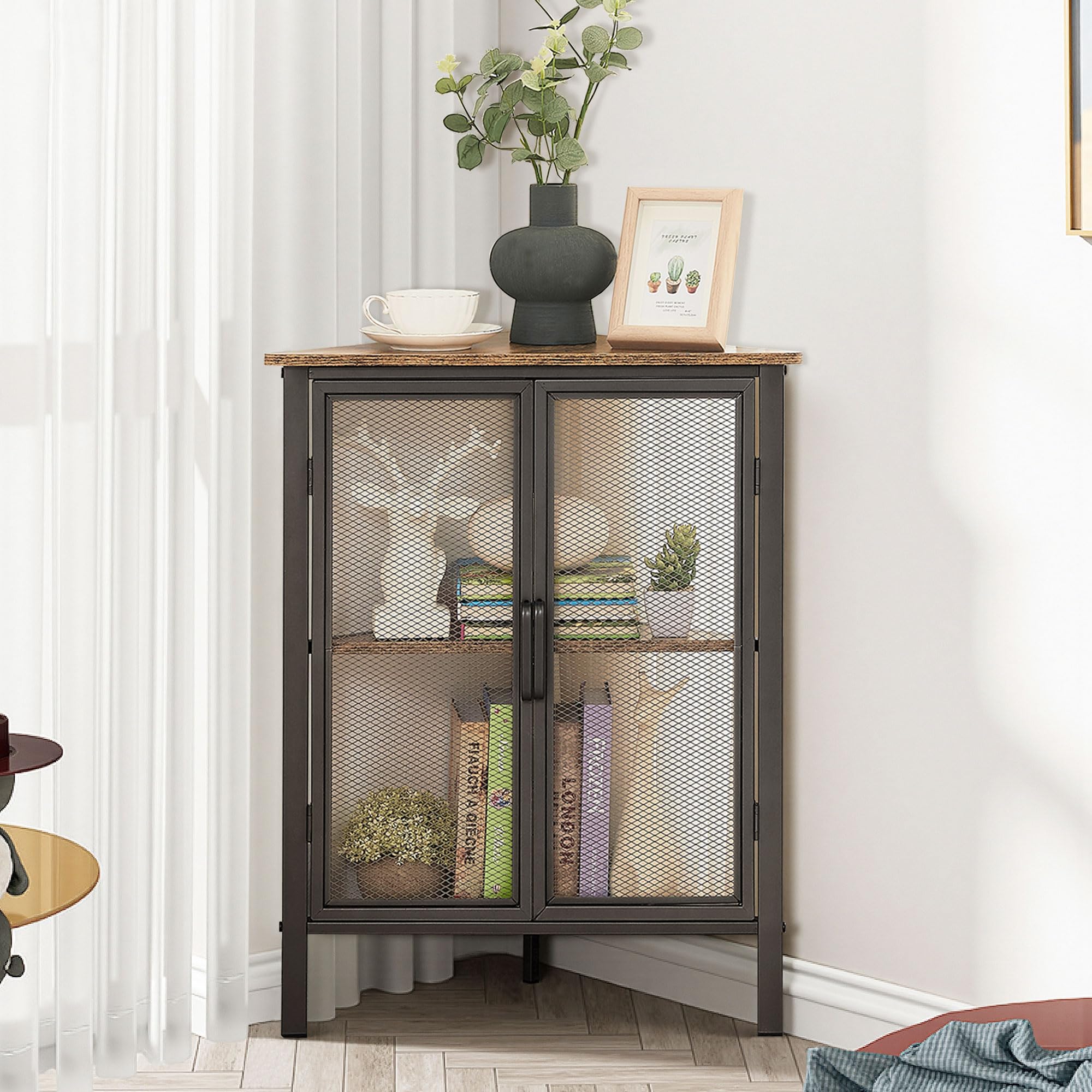 VECELO 3-Tier Corner Table,Cabinet with Mesh Door,Corner Shelf Stand,Metal Frame Storage Shelf Organizer Display Shelves for Wall Corner,Living Room,Bedroom Kitchen,Bathroom