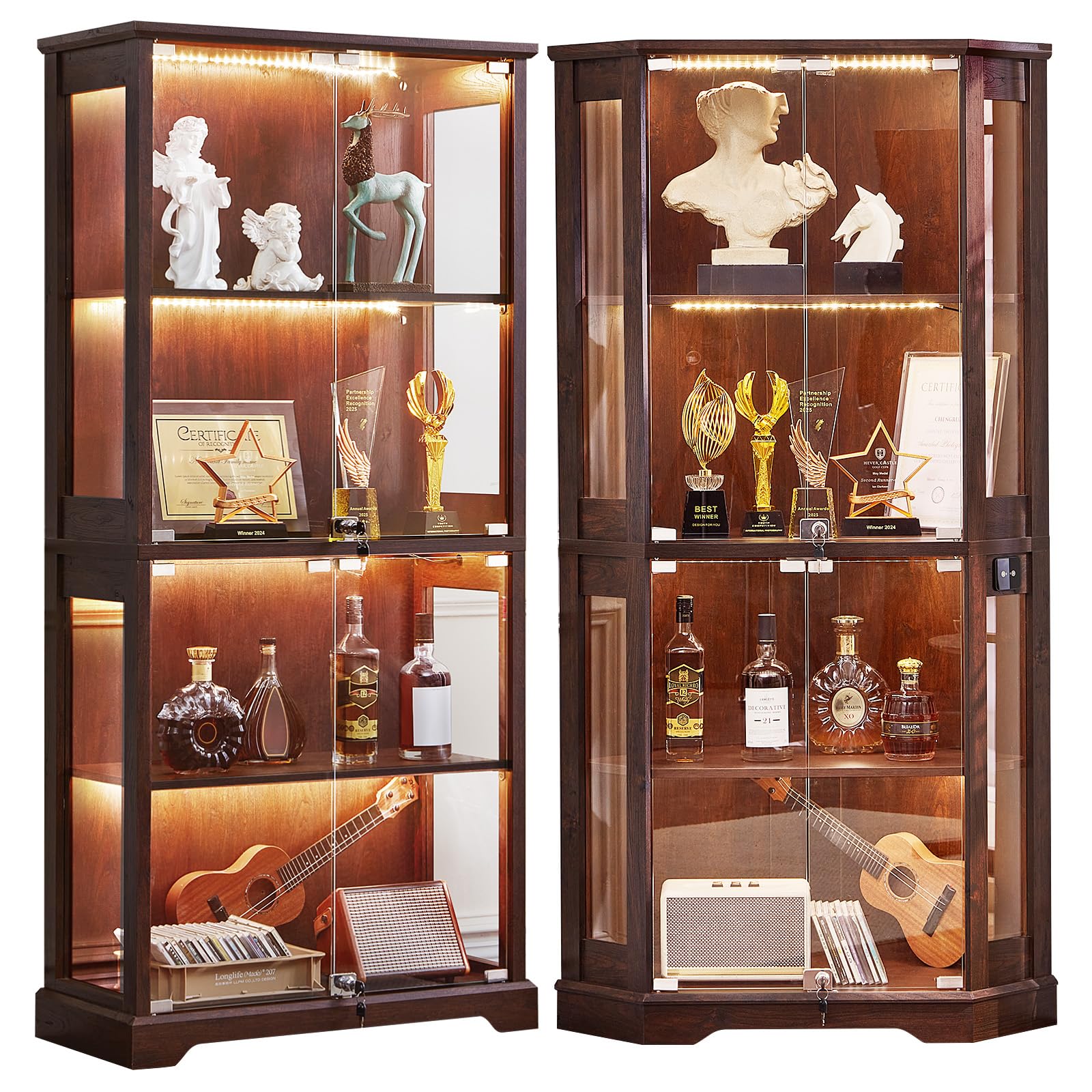 LELELINKY Farmhouse Corner Display Cabinet with Glass Doors, Corner Curio Cabinet with 3-Color LED Motion-Sensor Light, Walnut