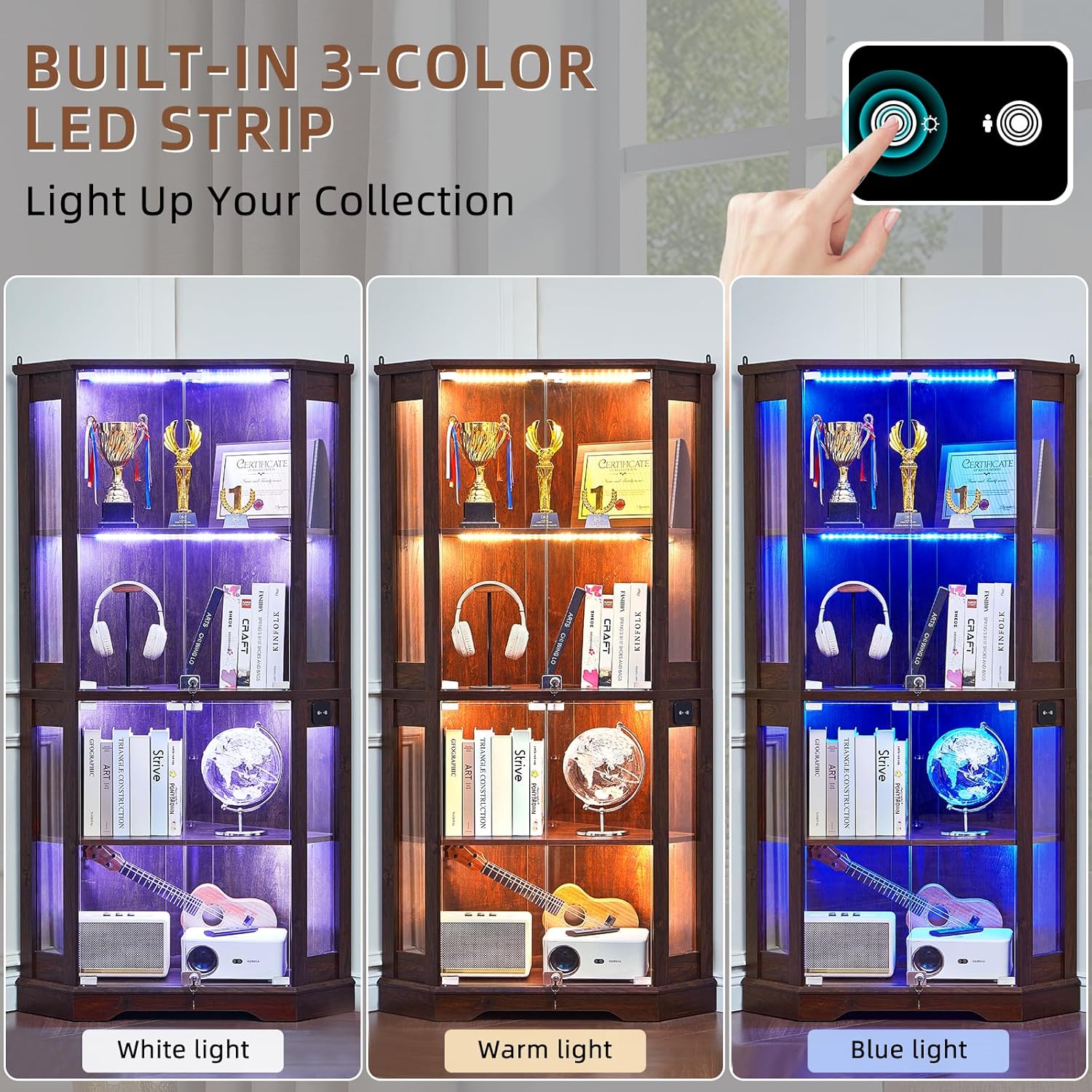 LELELINKY Farmhouse Corner Display Cabinet with Glass Doors, Corner Curio Cabinet with 3-Color LED Motion-Sensor Light, Walnut