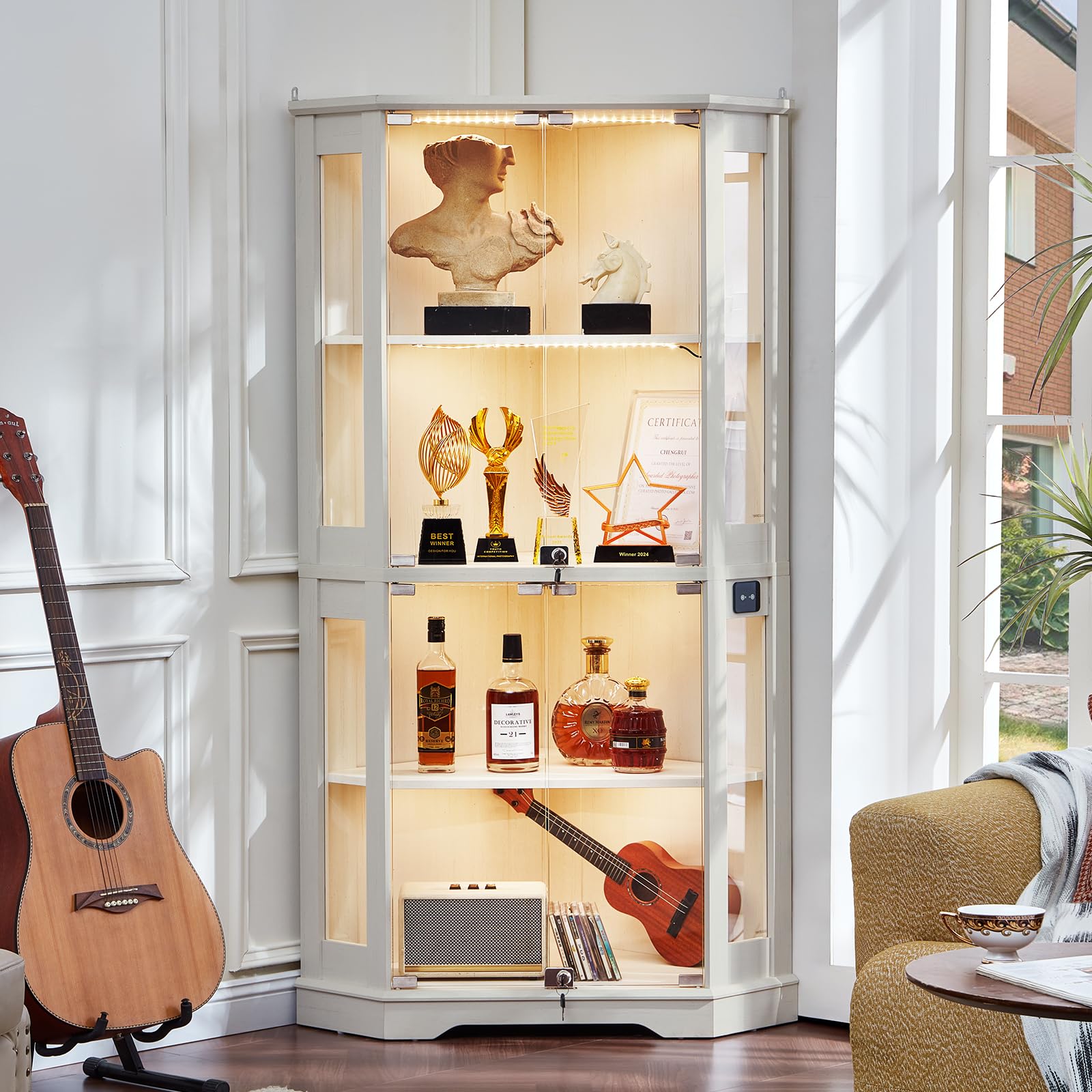 LELELINKY Farmhouse Corner Display Cabinet with Glass Doors, Corner Curio Cabinet with 3-Color LED Motion-Sensor Light, Walnut