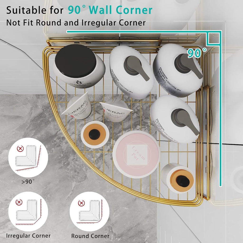 Corner Shower Shelves with 4 Hooks, 2-Tier Stainless Steel Bathroom Shower Organizers, Wall Mounted Caddy Shelves No Drilling with Adhesive, Triangle Storage Shelf for Toilet, Dorm and Kitchen, Gold
