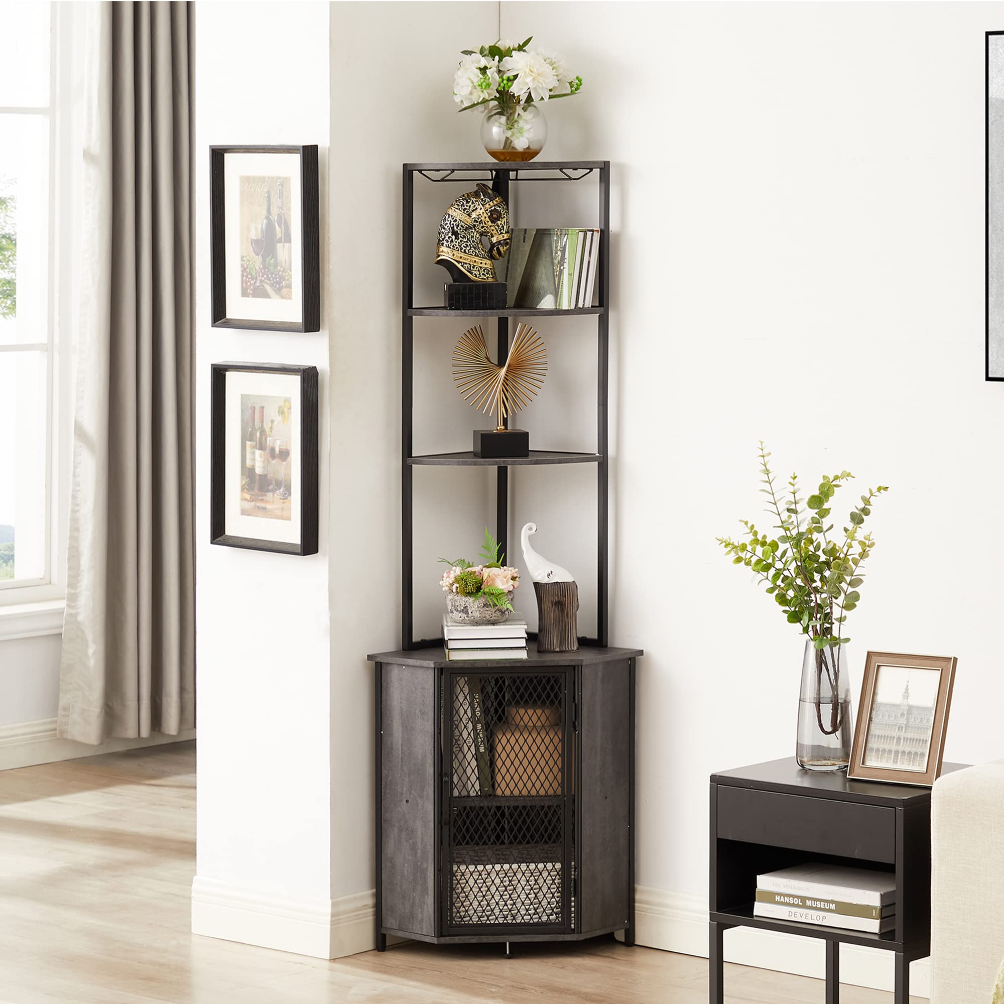 VECELO Corner Cabinet, Tall Storage Shelf, Bookshelf Display Shelves Rack for Living Room, Kitchen, Balcony, Small Space