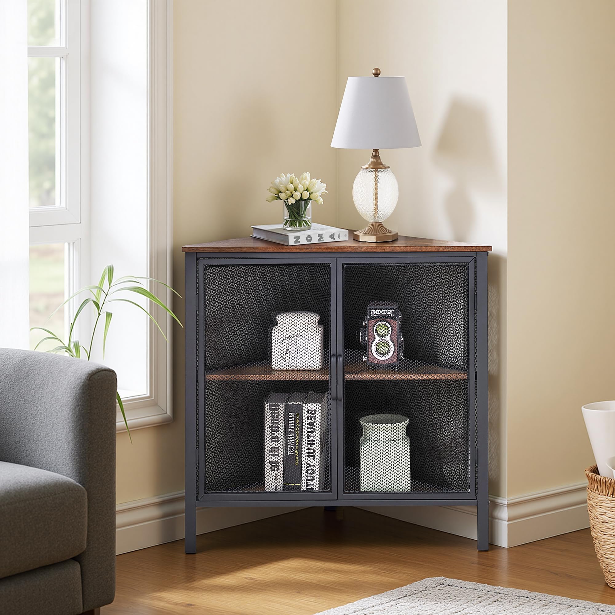 VECELO 3-Tier Corner Table,Cabinet with Mesh Door,Corner Shelf Stand,Metal Frame Storage Shelf Organizer Display Shelves for Wall Corner,Living Room,Bedroom Kitchen,Bathroom