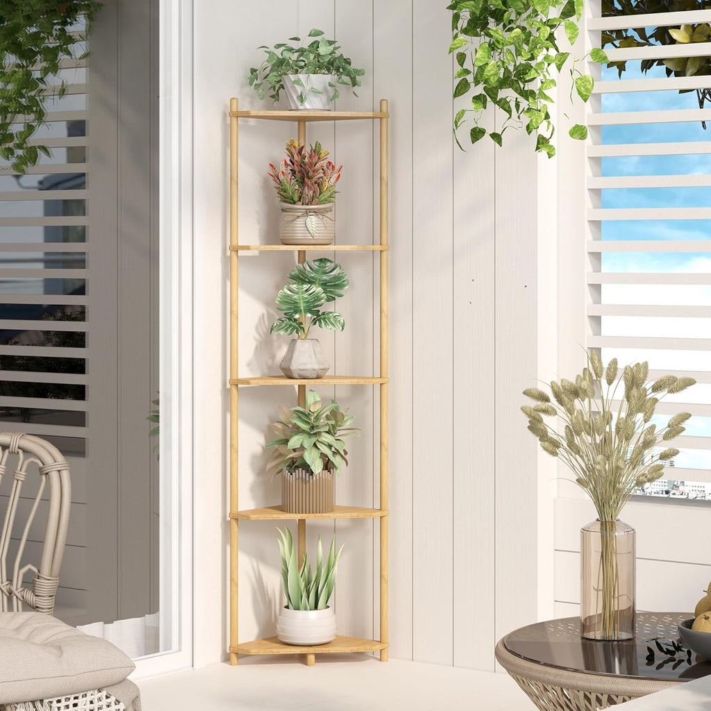 Wisuce Corner Shelf Stand - 5 Tier Natural Bamboo Small Corner Bookshelf for Office Kitchen Bedroom Plant Stand Living Room Decor Small Space