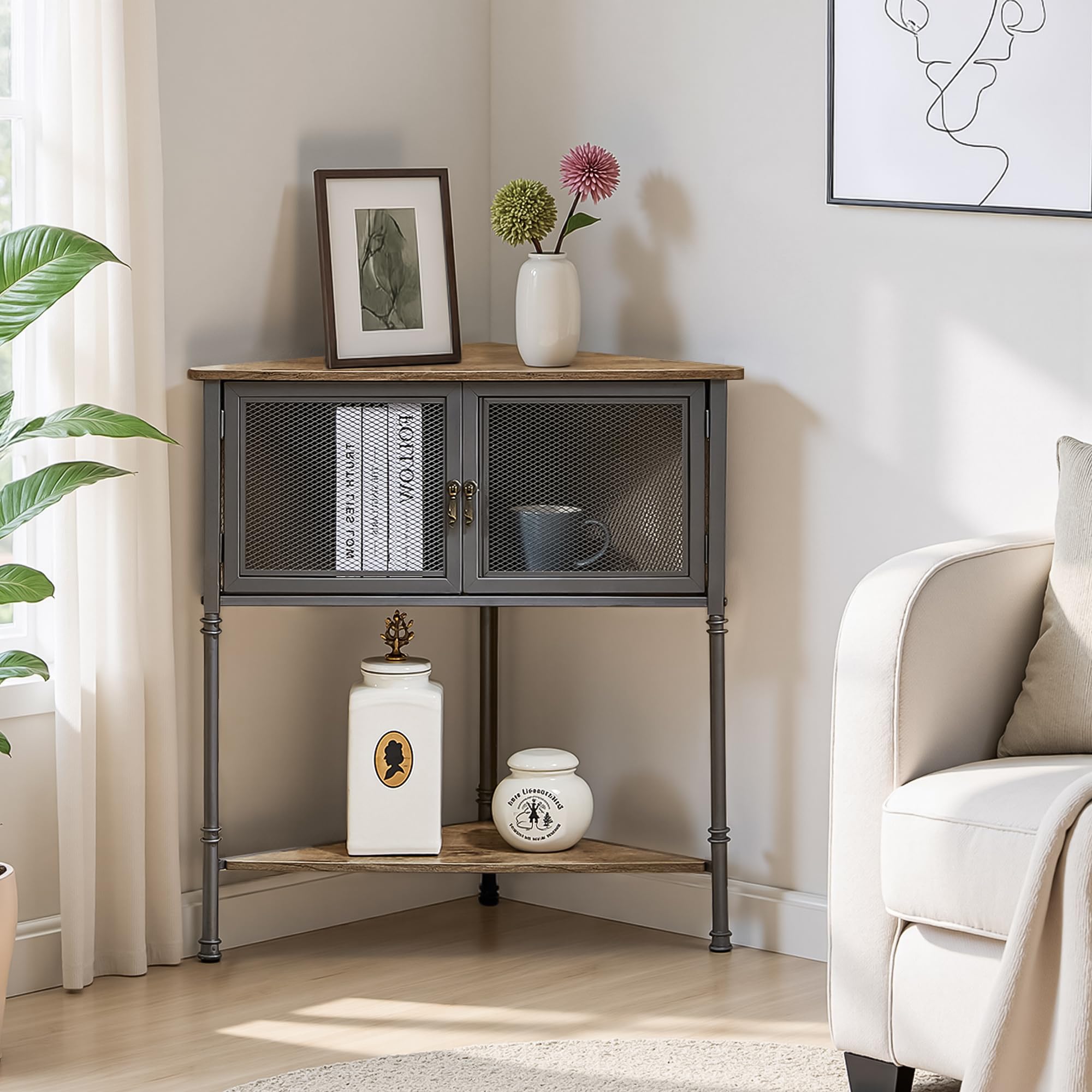 VECELO 3-Tier Corner Table,Cabinet with Mesh Door,Corner Shelf Stand,Metal Frame Storage Shelf Organizer Display Shelves for Wall Corner,Living Room,Bedroom Kitchen,Bathroom