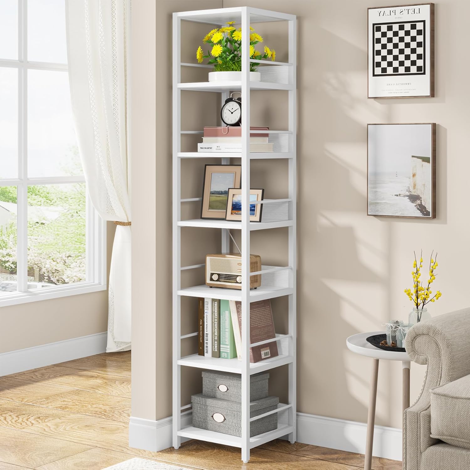 Tribesigns 6-Tier Corner Shelf, 75 Inch Tall Narrow Bookshelf Storage Rack, Etagere Shelves Display Stand for Small Spaces, Rustic Open Bookcase Square Shelf Tower for Living Room Bathroom