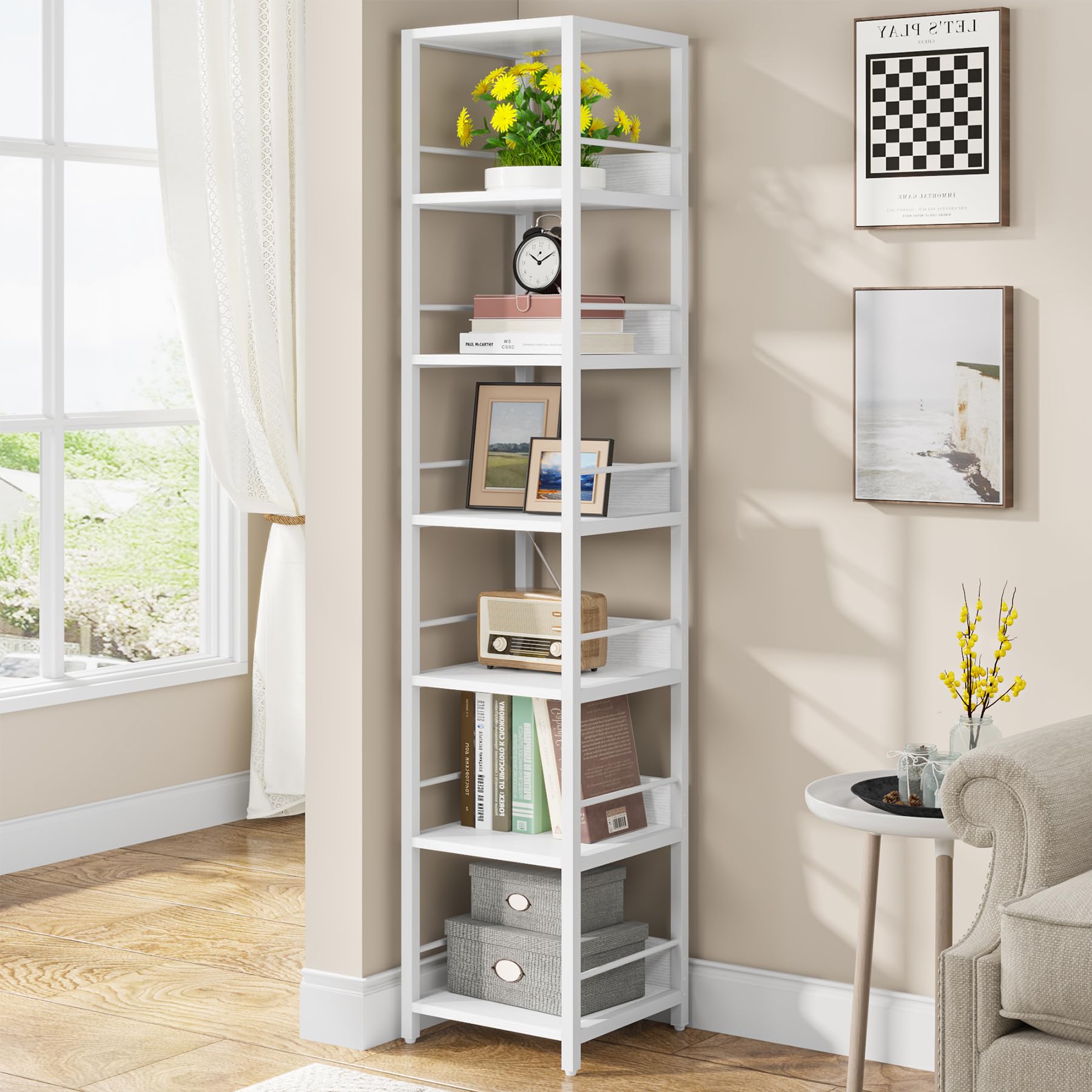 Tribesigns 6-Tier Corner Shelf, 75 Inch Tall Narrow Bookshelf Storage Rack, Etagere Shelves Display Stand for Small Spaces, Rustic Open Bookcase Square Shelf Tower for Living Room Bathroom