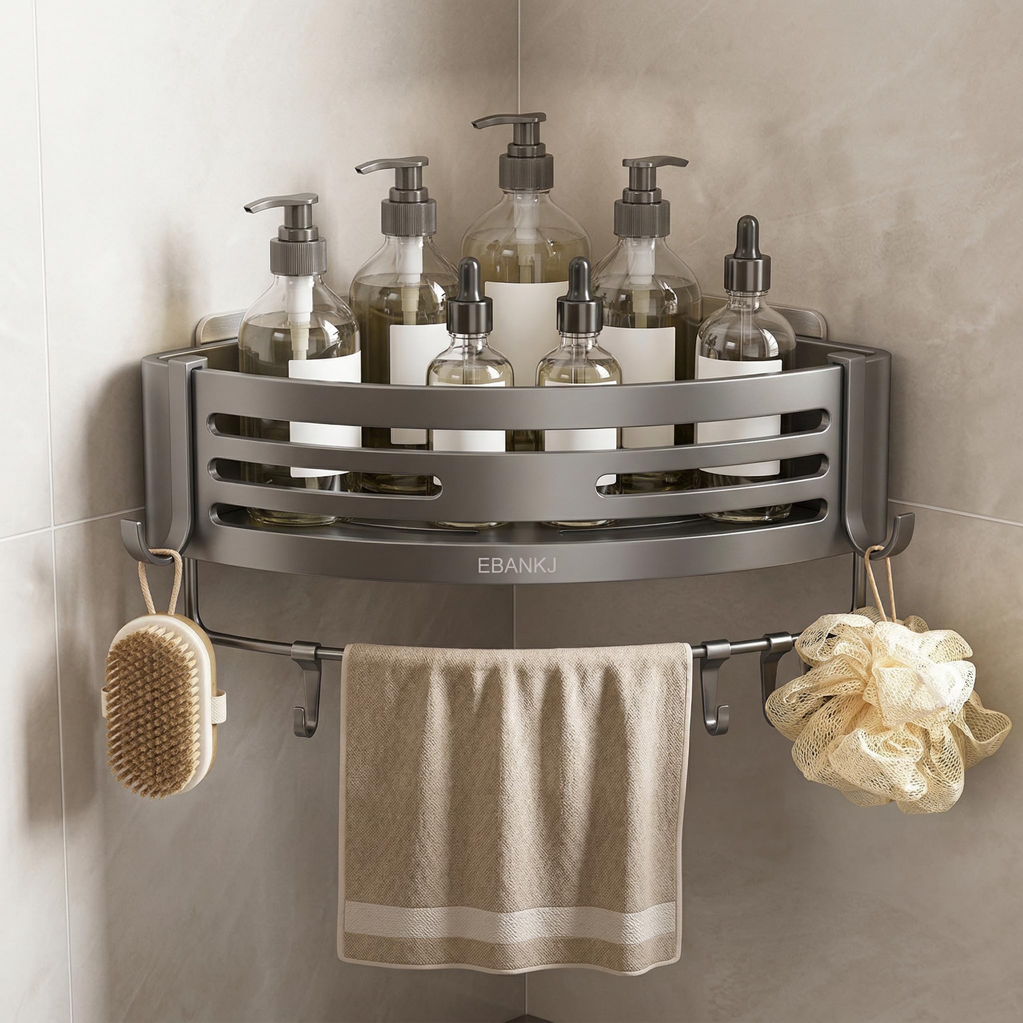 No-Drill Matte Gray Aluminum Adhesive Wall Mount Corner Shower Caddy, 2-Pack