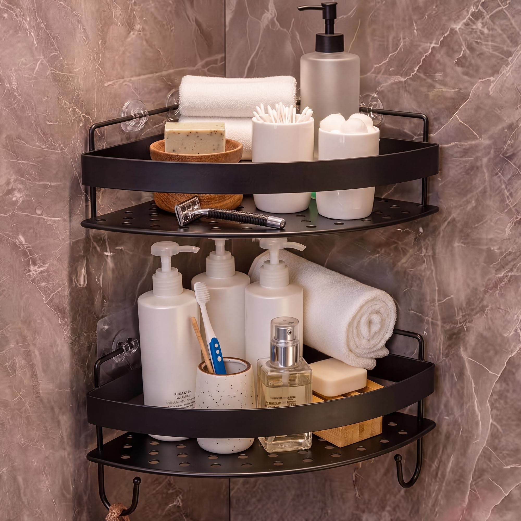 Corner Shower Shelves with 4 Hooks, 2-Tier Stainless Steel Bathroom Shower Organizers, Wall Mounted Caddy Shelves No Drilling with Adhesive, Triangle Storage Shelf for Toilet, Dorm and Kitchen, Gold