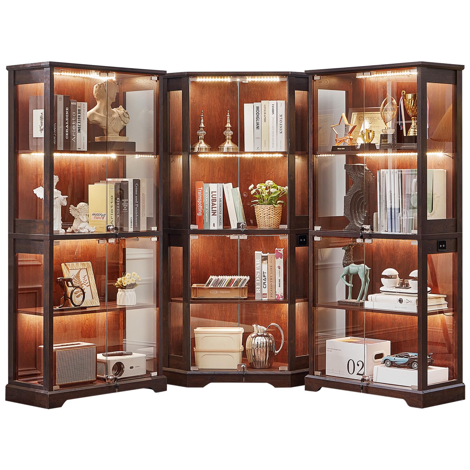 LELELINKY Farmhouse Corner Display Cabinet with Glass Doors, Corner Curio Cabinet with 3-Color LED Motion-Sensor Light, Walnut