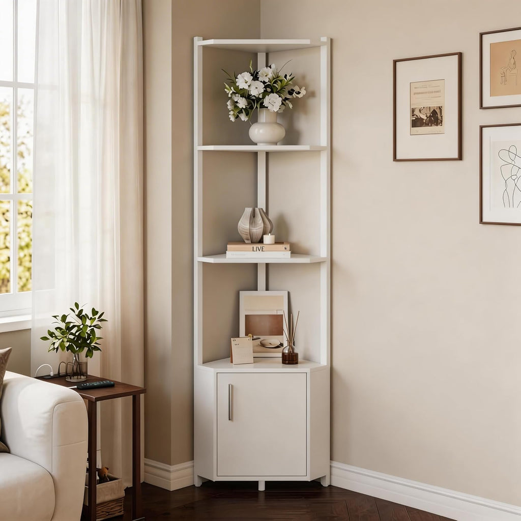 5-Tier Corner Shelf Stand, 58”Tall Metal Frame Narrow Bookshelf with Storage Rack, Easy Assembly Display Shelf for Wall Corner, Bedroom, Living Room, White