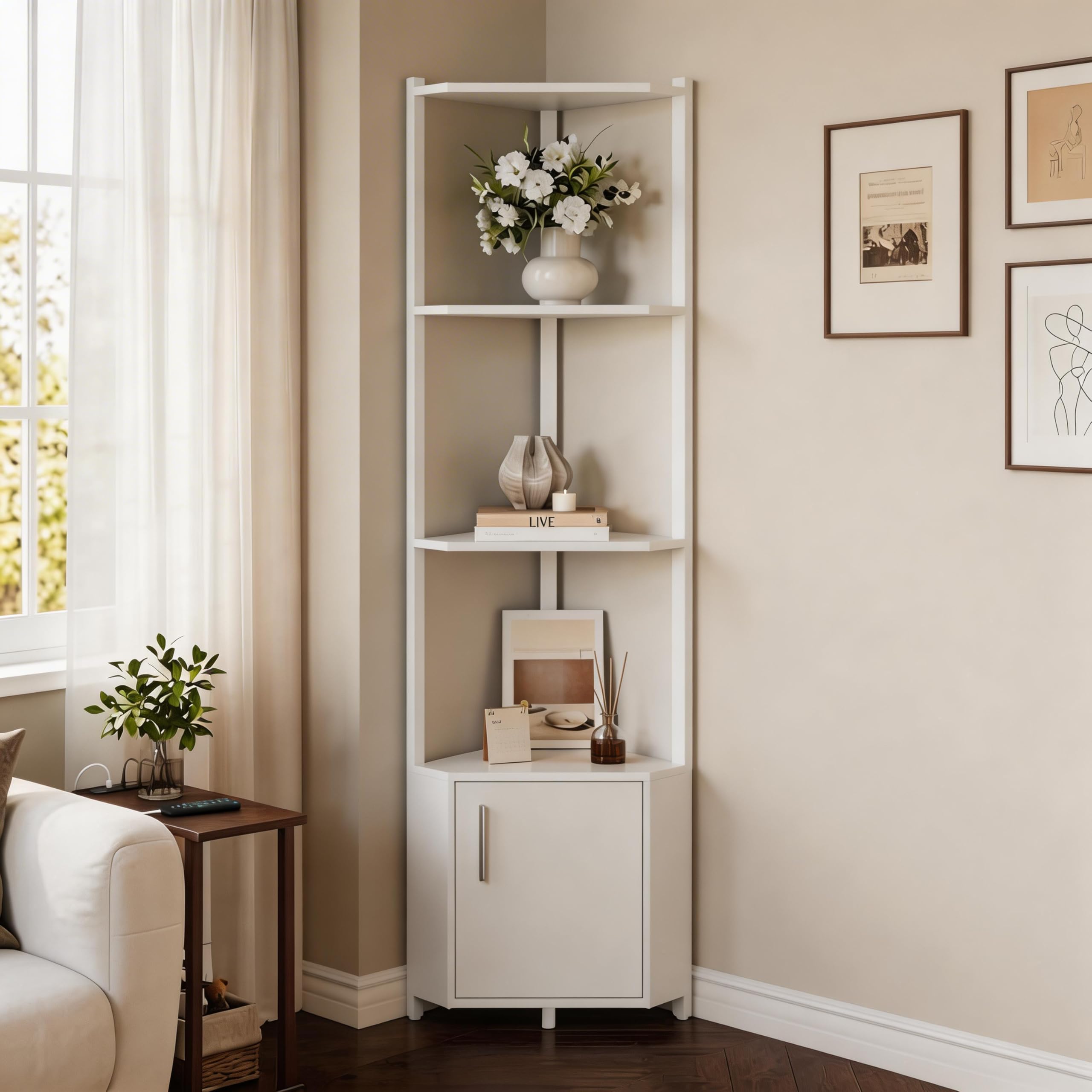 5-Tier Corner Shelf Stand, 58”Tall Metal Frame Narrow Bookshelf with Storage Rack, Easy Assembly Display Shelf for Wall Corner, Bedroom, Living Room, White