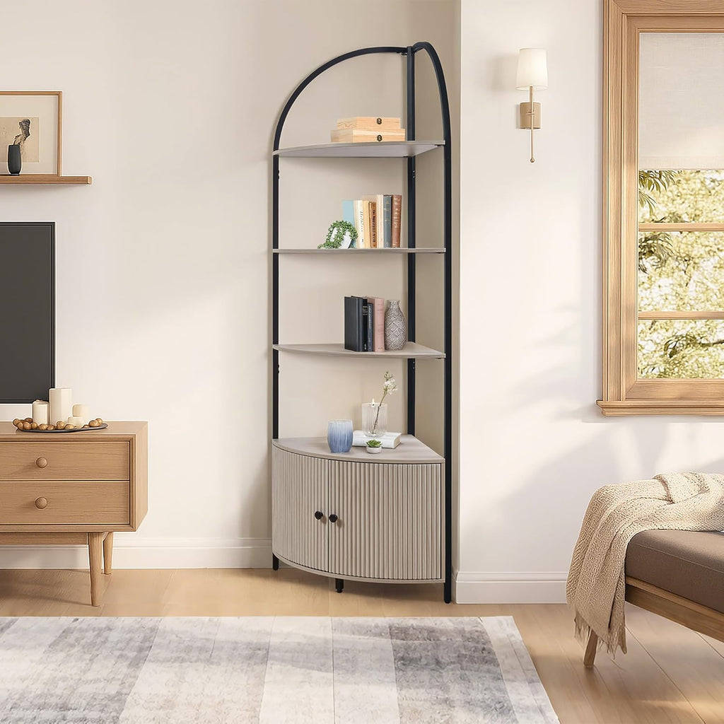 73.8'' 4-tier industrial wood-metal freestanding corner storage shelf with cabinet for multi-room use