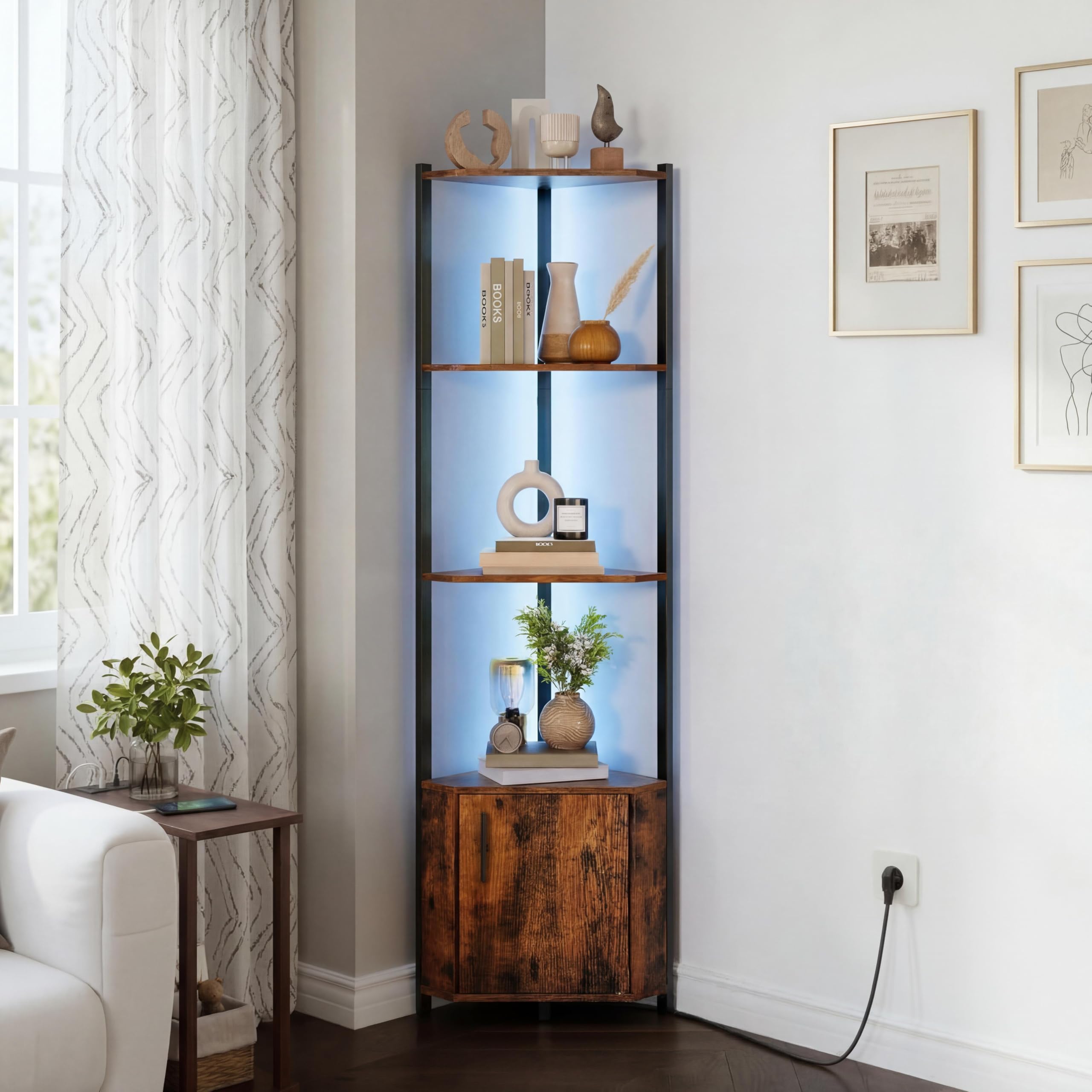 5-Tier Corner Shelf Stand, 58”Tall Metal Frame Narrow Bookshelf with Storage Rack, Easy Assembly Display Shelf for Wall Corner, Bedroom, Living Room, White
