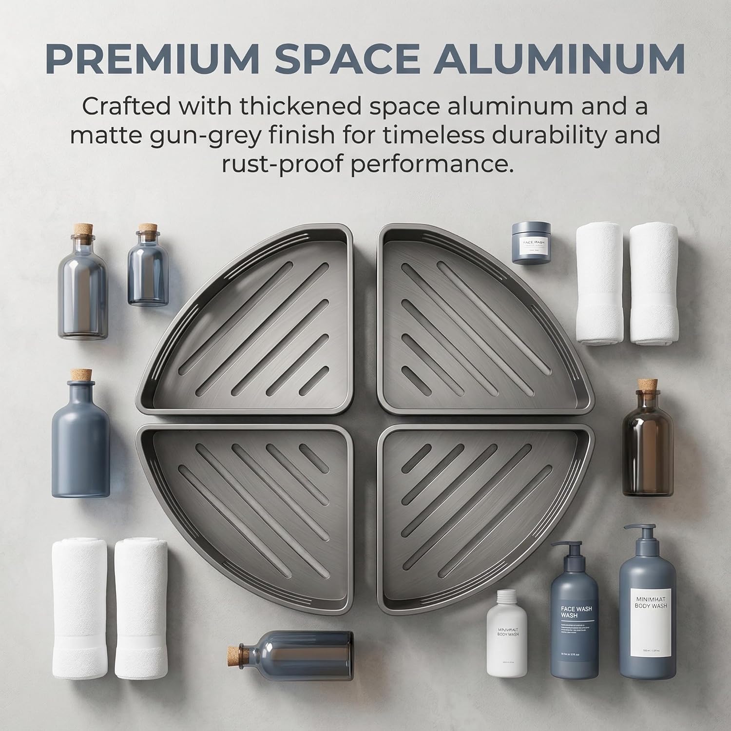 No-Drill Matte Gray Aluminum Adhesive Wall Mount Corner Shower Caddy, 2-Pack