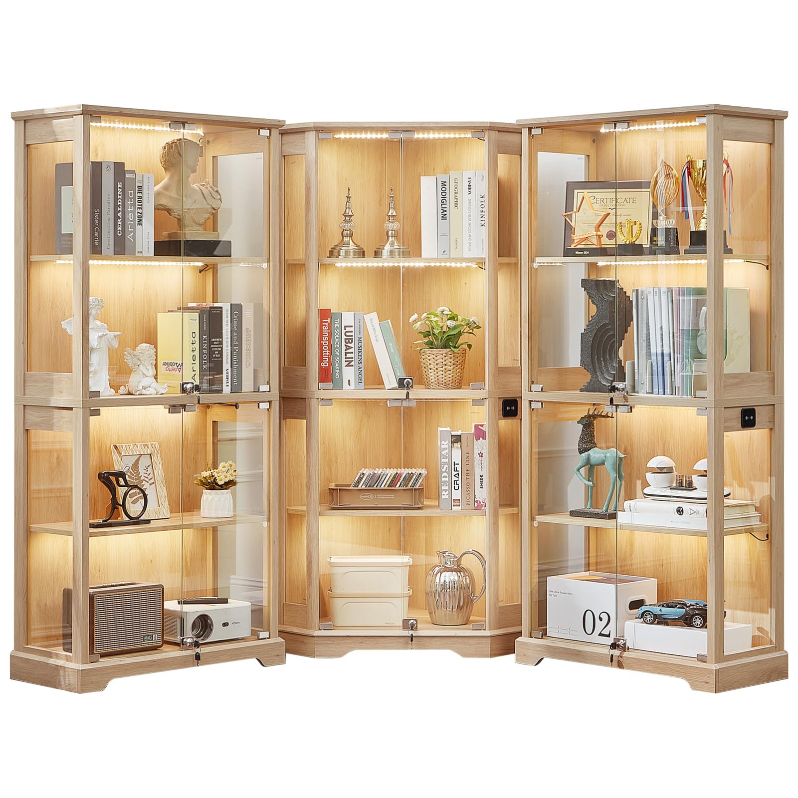 LELELINKY Farmhouse Corner Display Cabinet with Glass Doors, Corner Curio Cabinet with 3-Color LED Motion-Sensor Light, Walnut