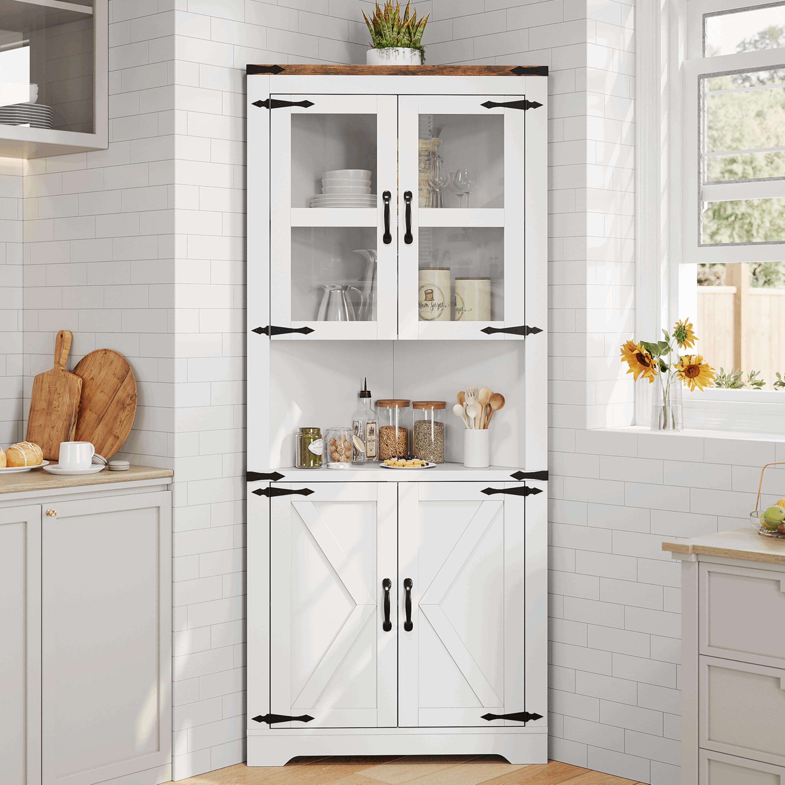 GarveeHome Tall Corner Cabinet, Farmhouse Corner Storage Cabinet with Glass Door & Adjustable Shelves, Space Saving Storage for Living Room, Kitchen, Bathroom, Washed Grey