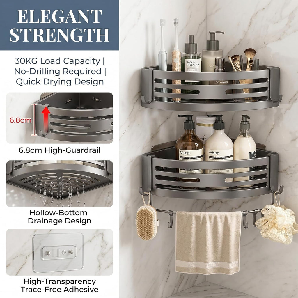 No-Drill Matte Gray Aluminum Adhesive Wall Mount Corner Shower Caddy, 2-Pack