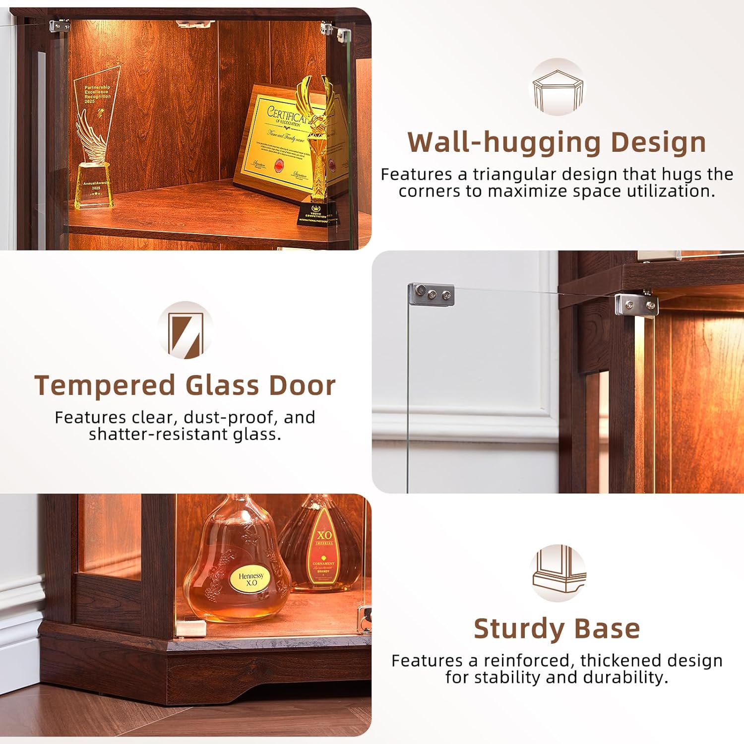 LELELINKY Farmhouse Corner Display Cabinet with Glass Doors, Corner Curio Cabinet with 3-Color LED Motion-Sensor Light, Walnut